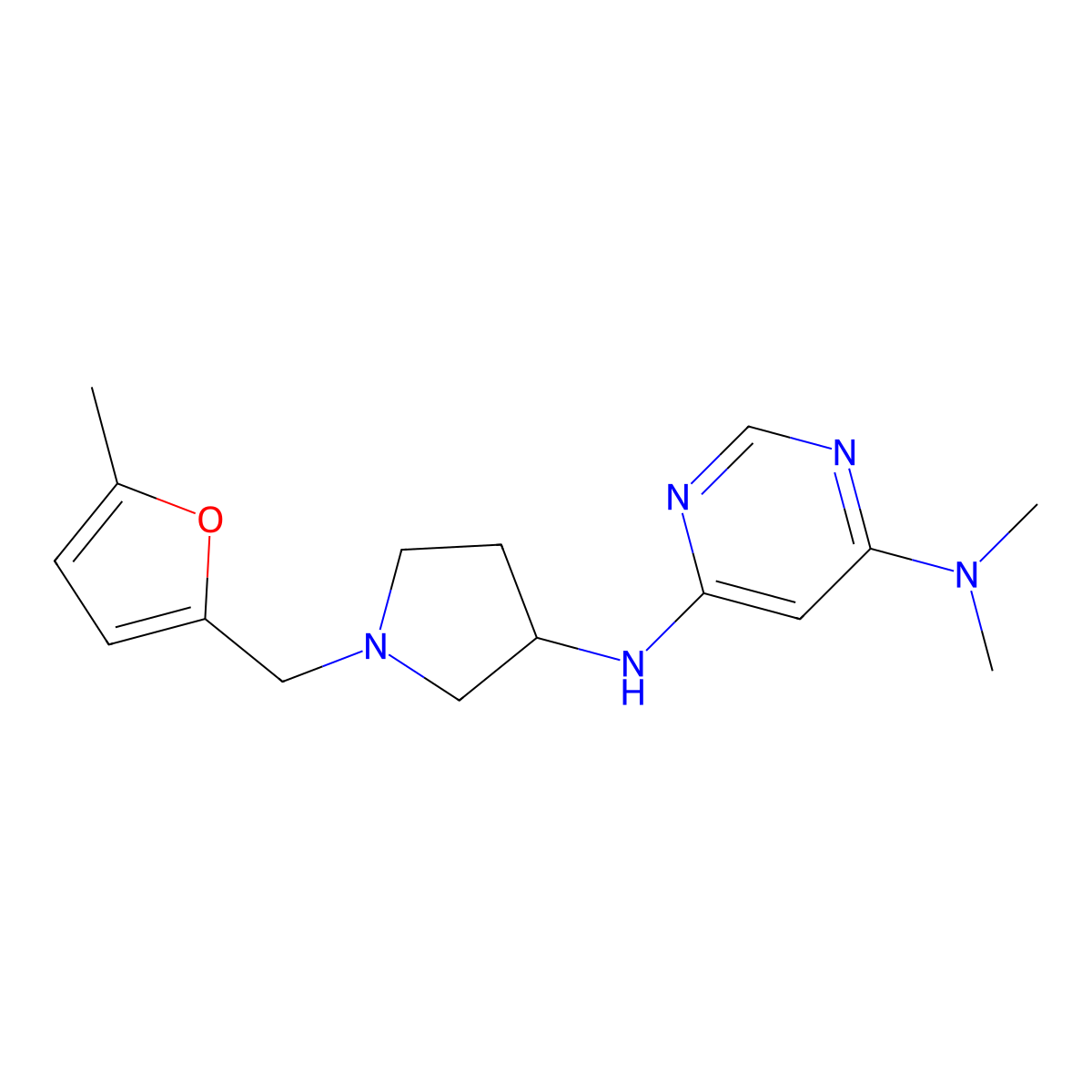 N4,N4-dimethyl-N6-{1-[(5-methylfuran-2-yl)methyl]pyrrolidin-3-yl}pyrimidine-4,6-diamine molecular structure, CAS 3054598-13-6