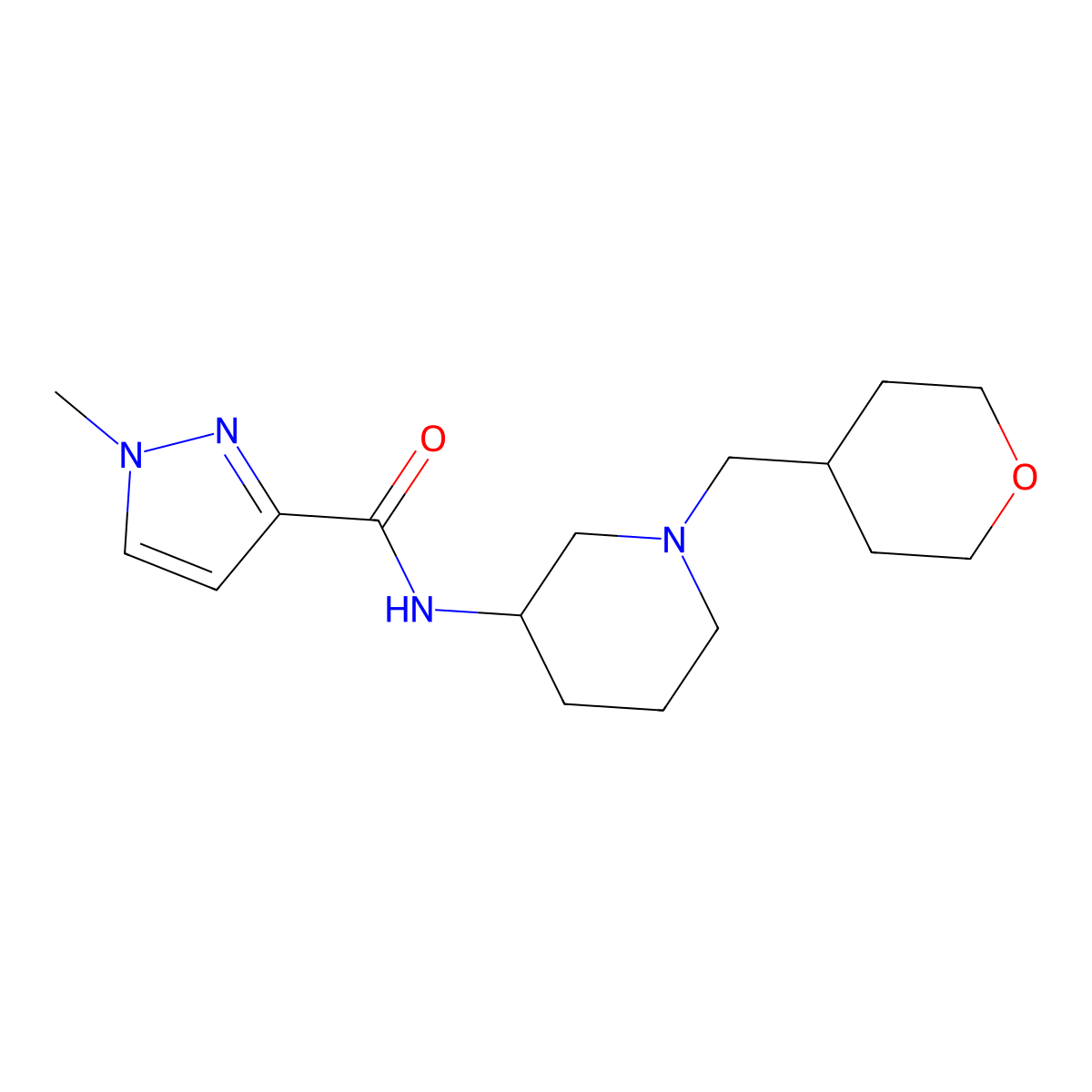 1-methyl-N-{1-[(oxan-4-yl)methyl]piperidin-3-yl}-1H-pyrazole-3-carboxamide molecular structure, CAS 3054598-15-8