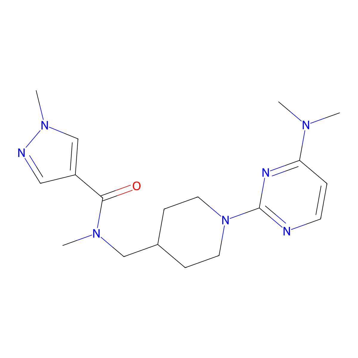 N-({1-[4-(dimethylamino)pyrimidin-2-yl]piperidin-4-yl}methyl)-N,1-dimethyl-1H-pyrazole-4-carboxamide molecular structure, CAS 3054598-17-0