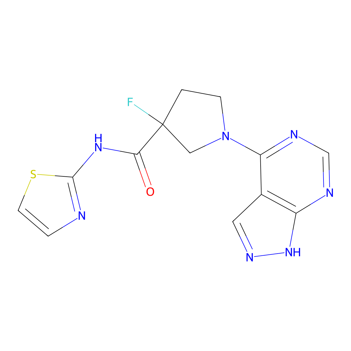 3-fluoro-1-{1H-pyrazolo[3,4-d]pyrimidin-4-yl}-N-(1,3-thiazol-2-yl)pyrrolidine-3-carboxamide molecular structure, CAS 3054598-19-2