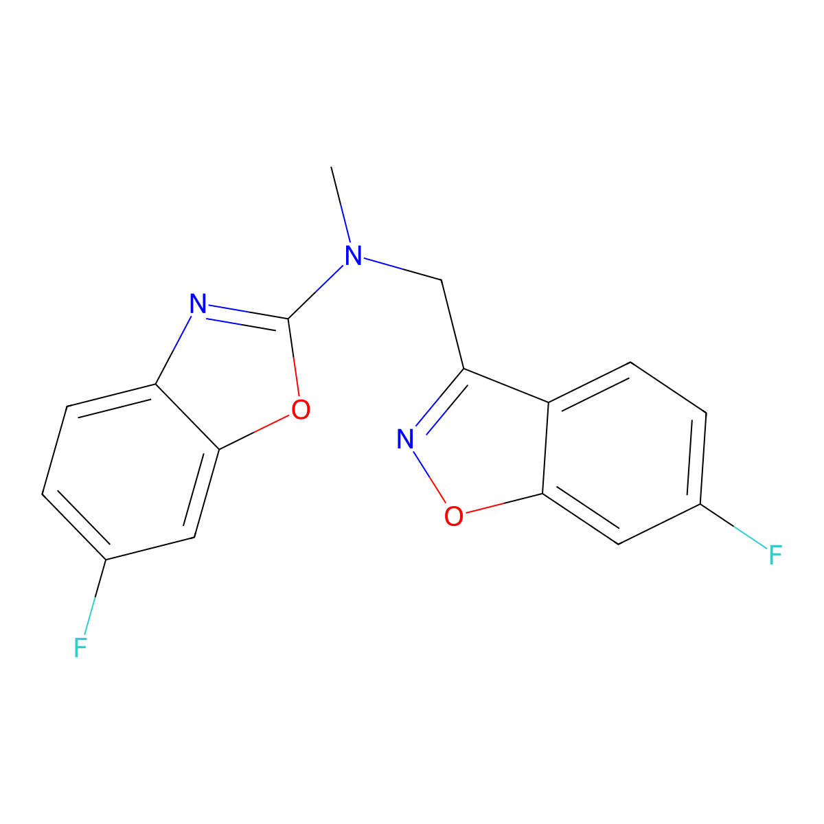 6-fluoro-N-[(6-fluoro-1,2-benzoxazol-3-yl)methyl]-N-methyl-1,3-benzoxazol-2-amine molecular structure, CAS 3054598-24-9