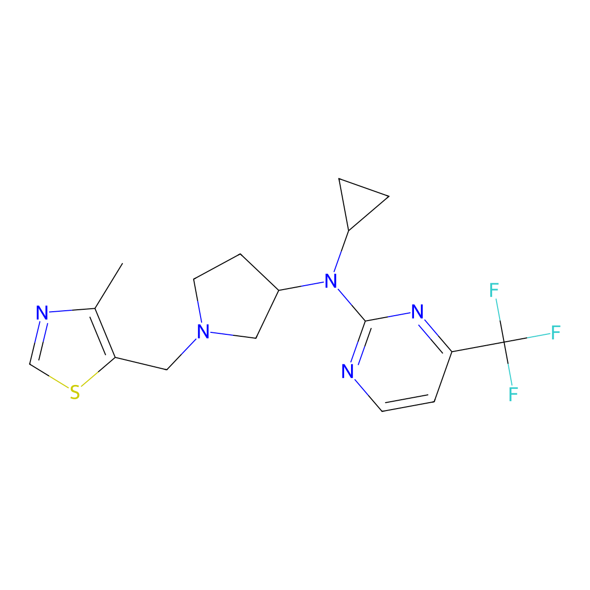 N-cyclopropyl-N-{1-[(4-methyl-1,3-thiazol-5-yl)methyl]pyrrolidin-3-yl}-4-(trifluoromethyl)pyrimidin-2-amine molecular structure, CAS 3054598-30-7