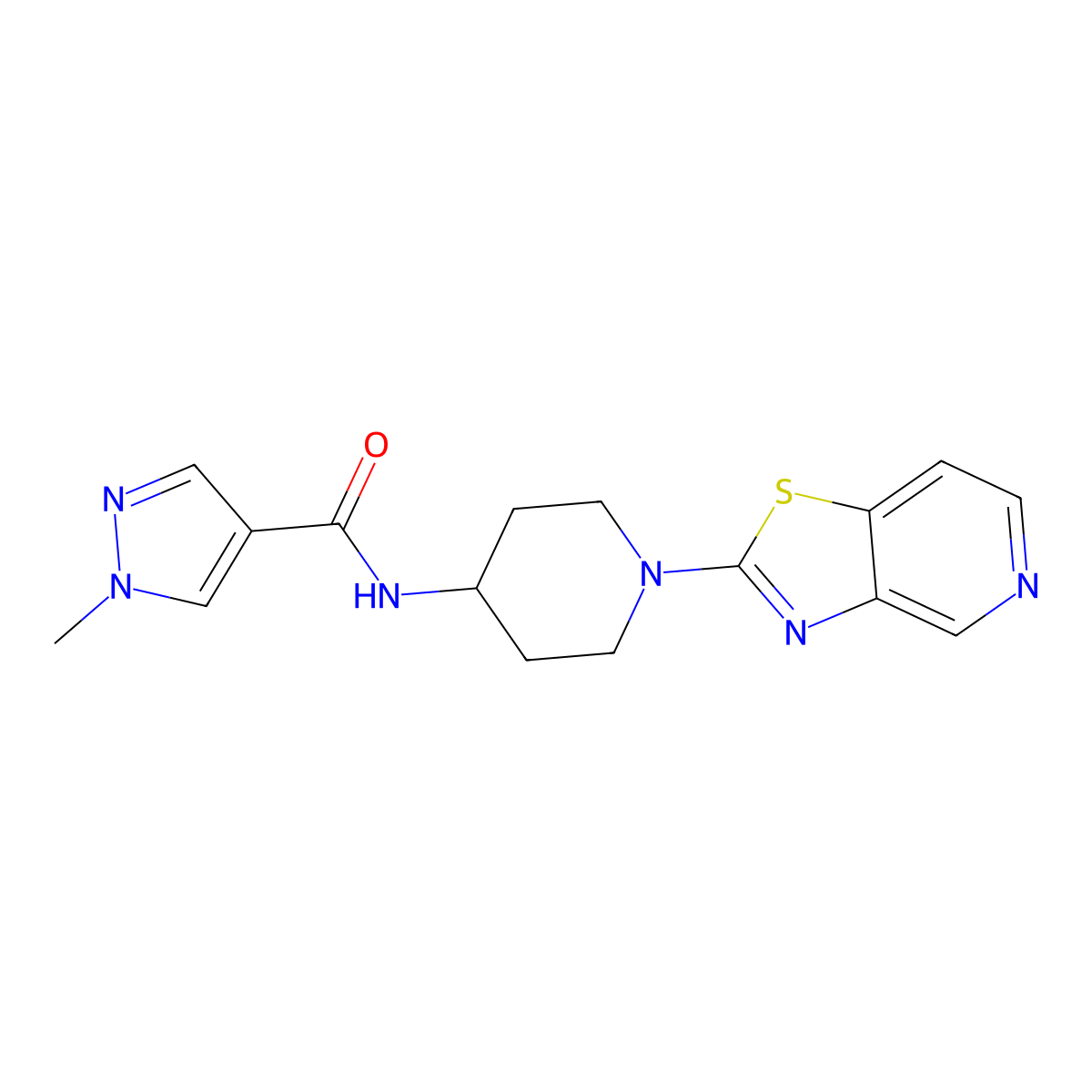 1-methyl-N-(1-{[1,3]thiazolo[4,5-c]pyridin-2-yl}piperidin-4-yl)-1H-pyrazole-4-carboxamide molecular structure, CAS 3054598-44-3