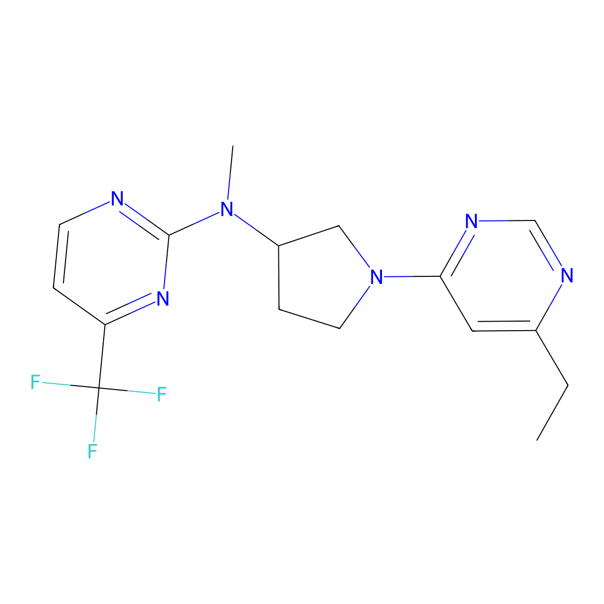 N-[1-(6-ethylpyrimidin-4-yl)pyrrolidin-3-yl]-N-methyl-4-(trifluoromethyl)pyrimidin-2-amine molecular structure, CAS 3054598-46-5