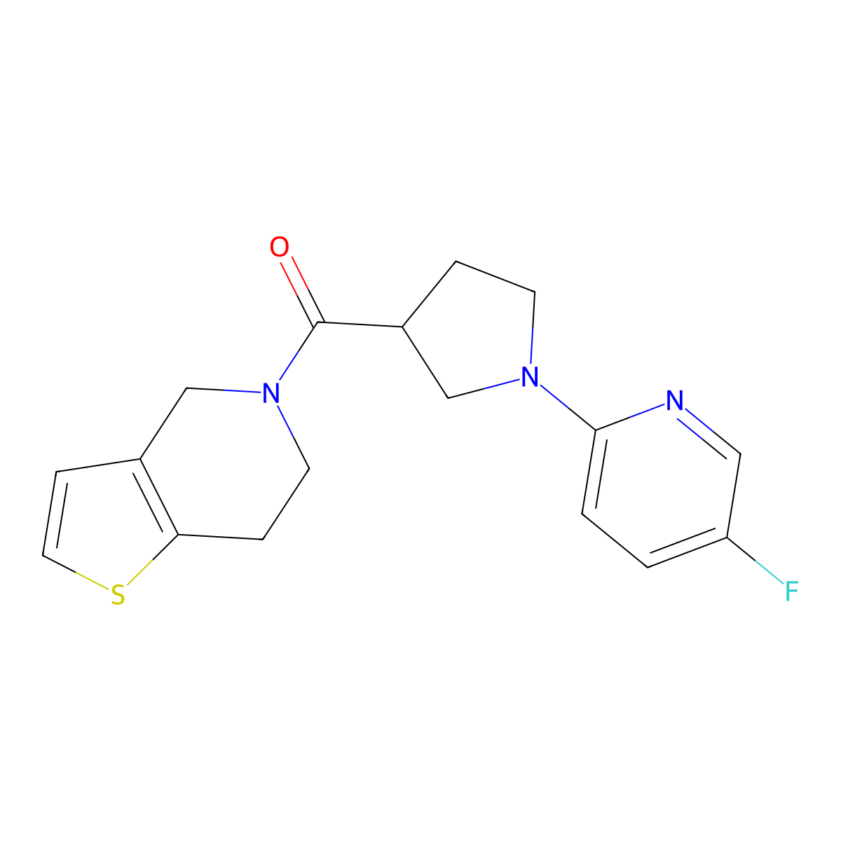5-fluoro-2-(3-{4H,5H,6H,7H-thieno[3,2-c]pyridine-5-carbonyl}pyrrolidin-1-yl)pyridine molecular structure, CAS 3054598-47-6