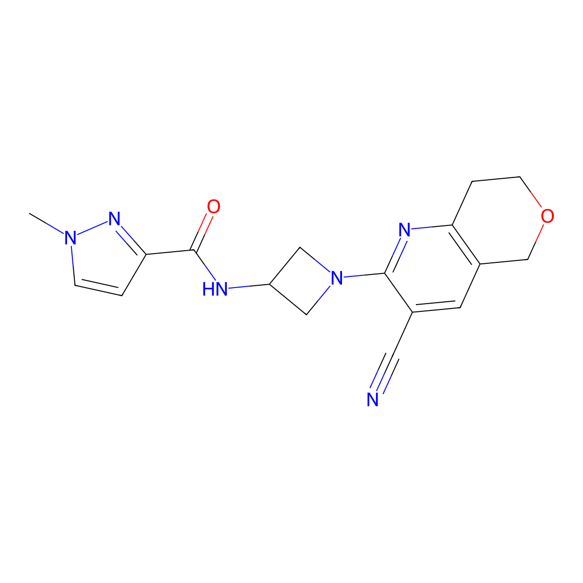 N-(1-{3-cyano-5H,7H,8H-pyrano[4,3-b]pyridin-2-yl}azetidin-3-yl)-1-methyl-1H-pyrazole-3-carboxamide molecular structure, CAS 3054598-62-5