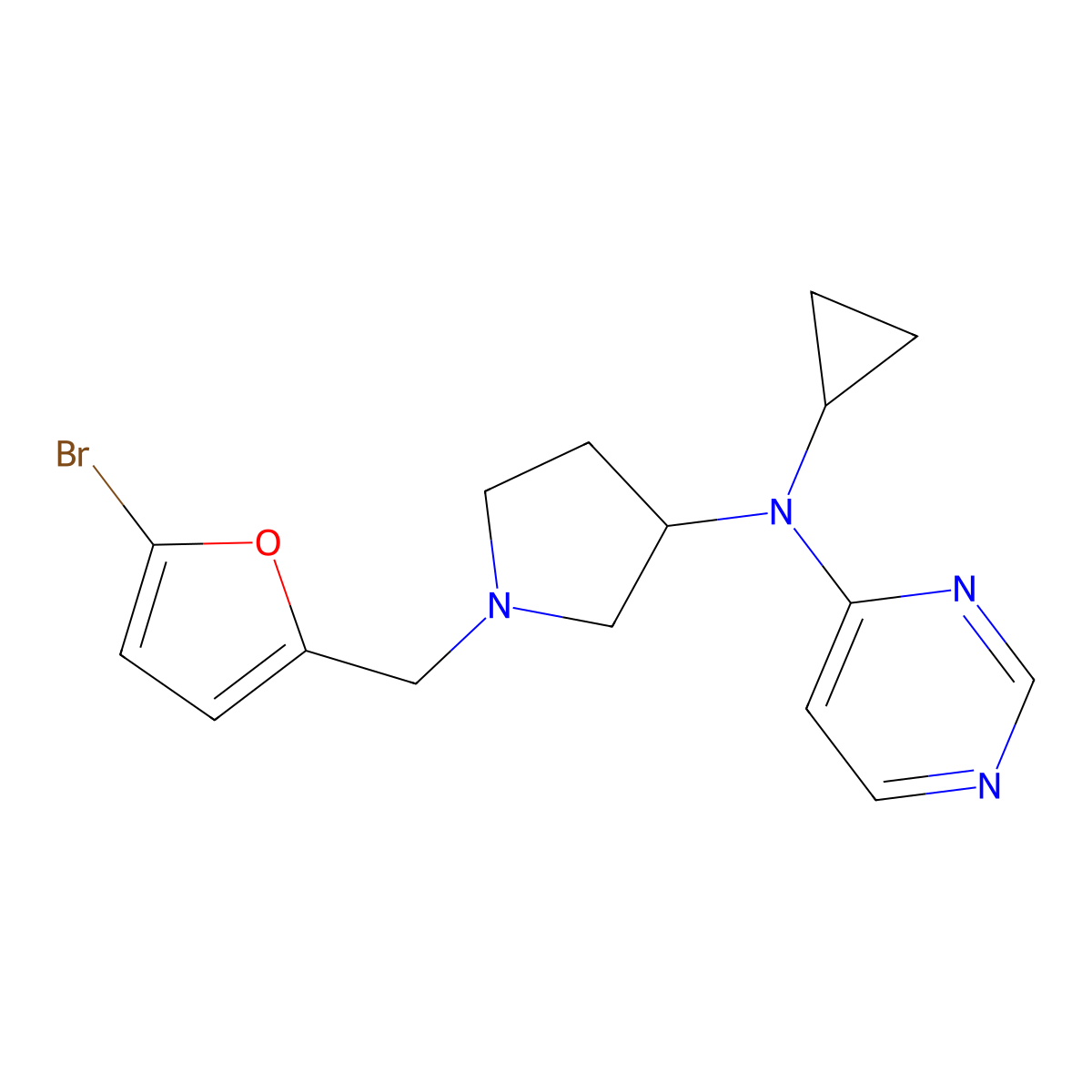 N-{1-[(5-bromofuran-2-yl)methyl]pyrrolidin-3-yl}-N-cyclopropylpyrimidin-4-amine molecular structure, CAS 3054598-64-7