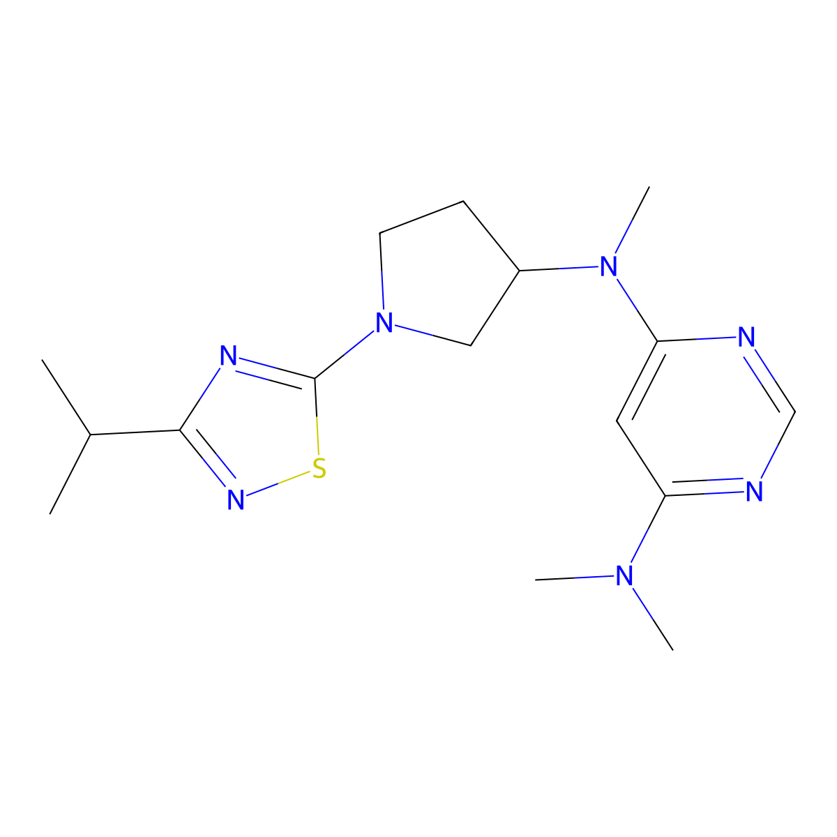 N4,N4,N6-trimethyl-N6-{1-[3-(propan-2-yl)-1,2,4-thiadiazol-5-yl]pyrrolidin-3-yl}pyrimidine-4,6-diamine molecular structure, CAS 3054598-74-9