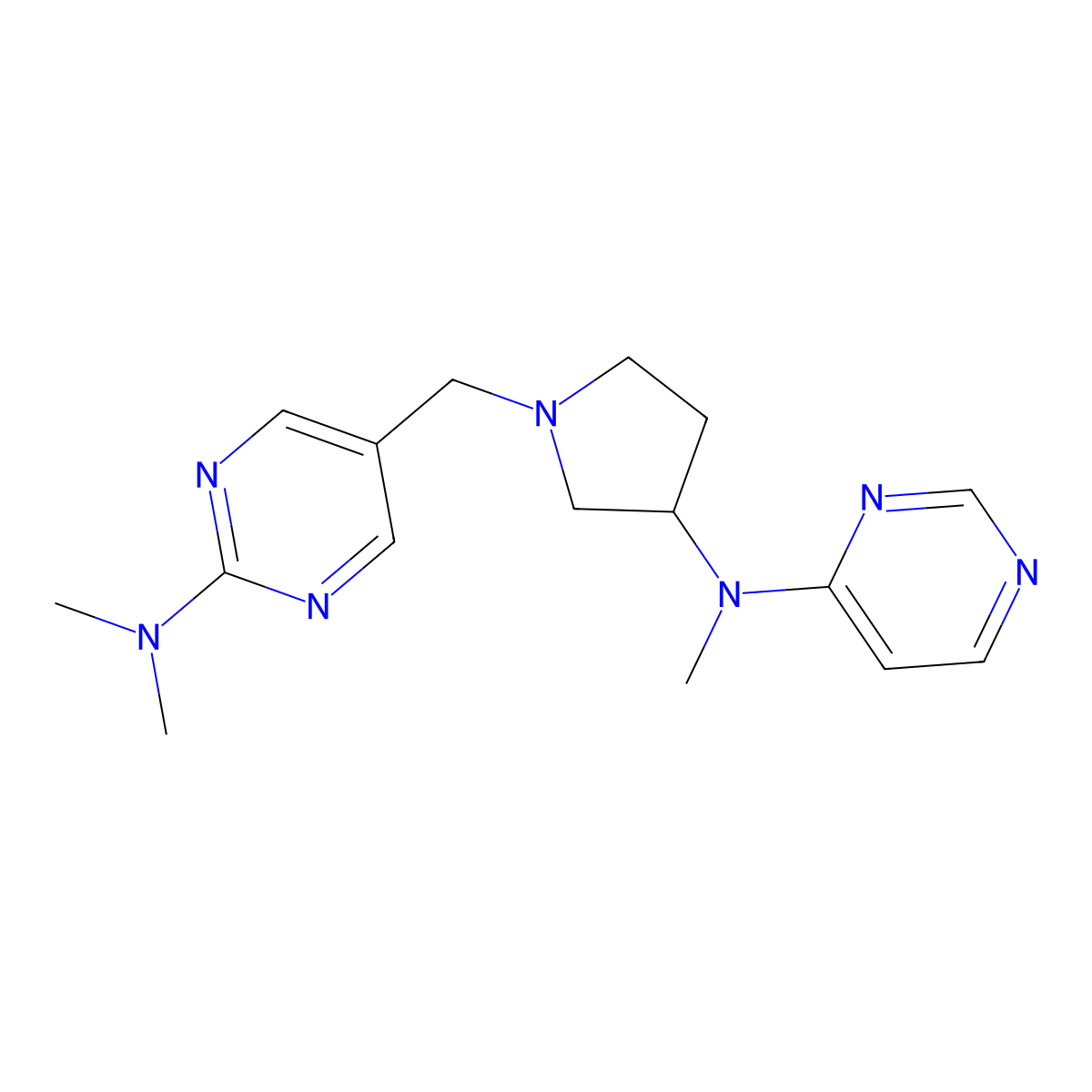 N,N-dimethyl-5-({3-[methyl(pyrimidin-4-yl)amino]pyrrolidin-1-yl}methyl)pyrimidin-2-amine molecular structure, CAS 3054598-77-2