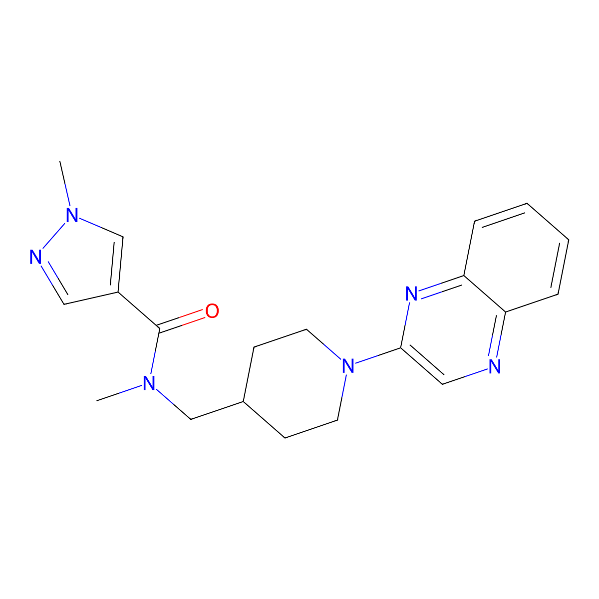 N,1-dimethyl-N-{[1-(quinoxalin-2-yl)piperidin-4-yl]methyl}-1H-pyrazole-4-carboxamide molecular structure, CAS 3054598-82-9