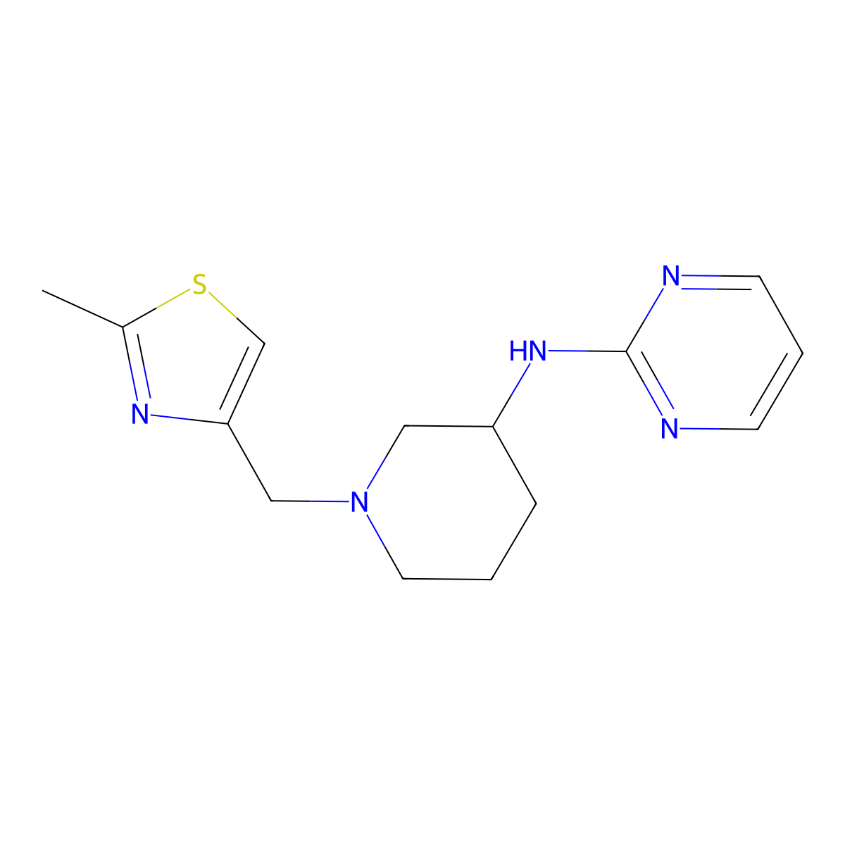 N-{1-[(2-methyl-1,3-thiazol-4-yl)methyl]piperidin-3-yl}pyrimidin-2-amine molecular structure, CAS 3054598-84-1
