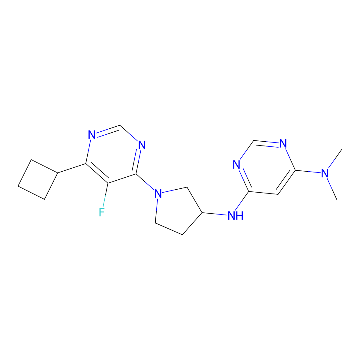 N6-[1-(6-cyclobutyl-5-fluoropyrimidin-4-yl)pyrrolidin-3-yl]-N4,N4-dimethylpyrimidine-4,6-diamine molecular structure, CAS 3054598-86-3