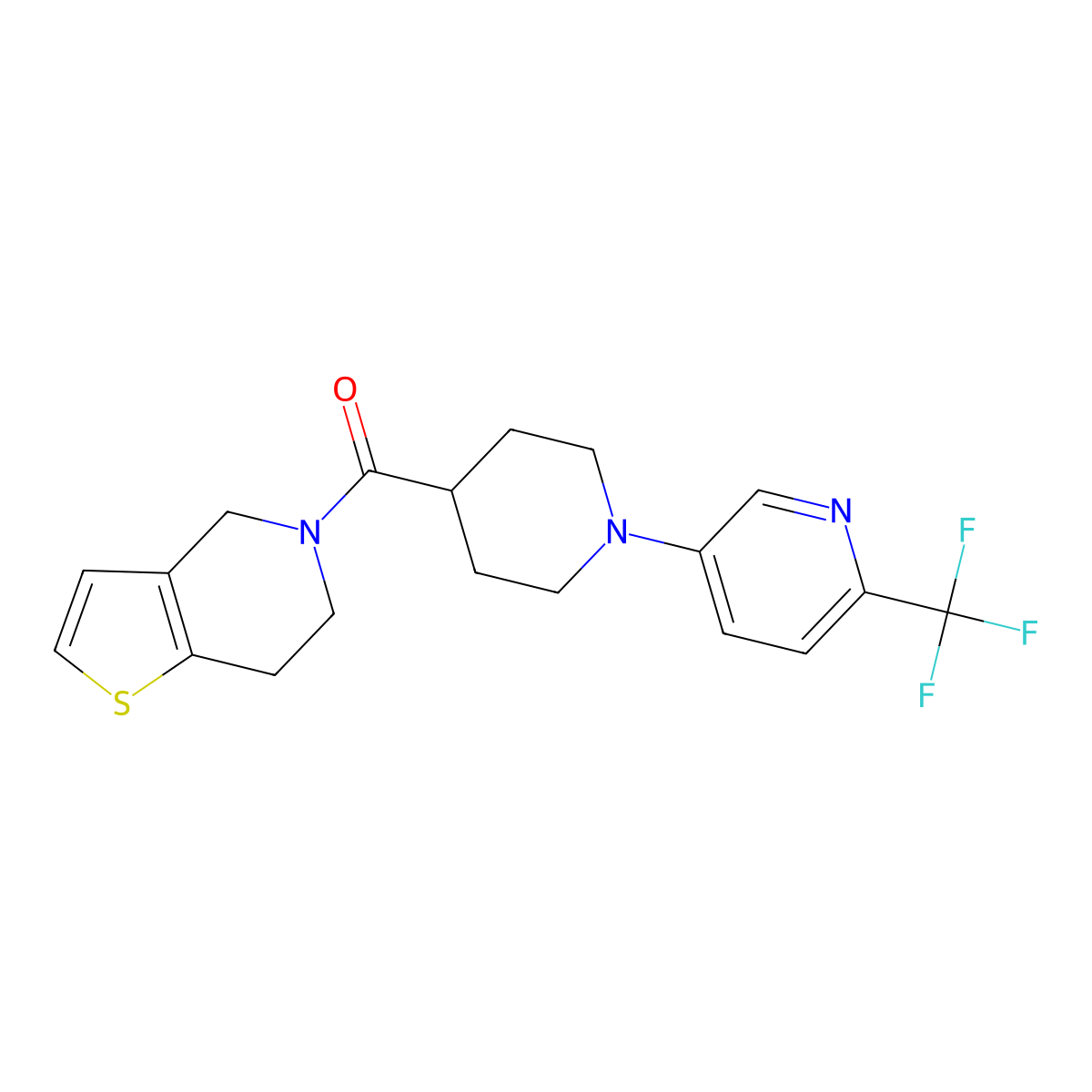 5-(4-{4H,5H,6H,7H-thieno[3,2-c]pyridine-5-carbonyl}piperidin-1-yl)-2-(trifluoromethyl)pyridine molecular structure, CAS 3054598-92-1