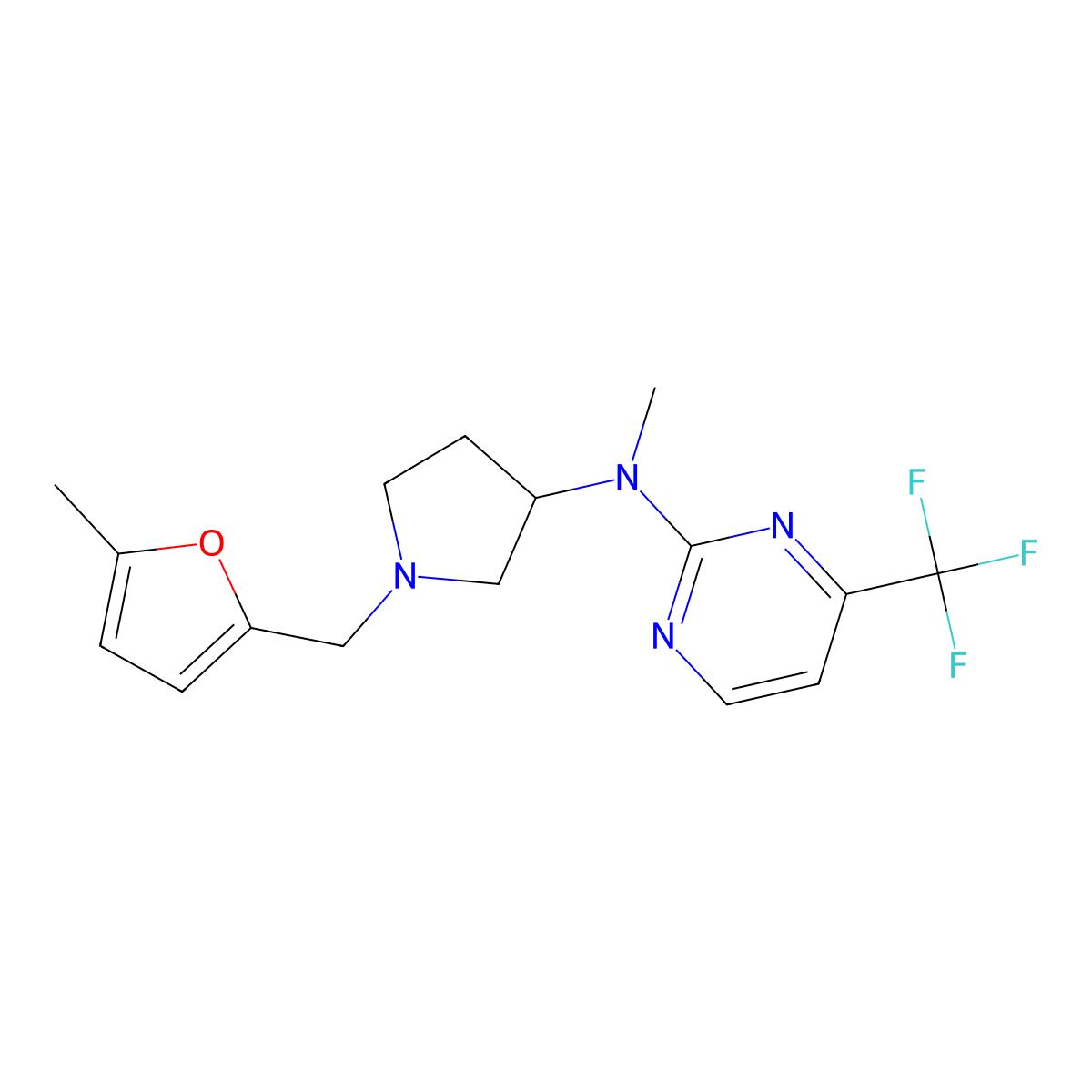 N-methyl-N-{1-[(5-methylfuran-2-yl)methyl]pyrrolidin-3-yl}-4-(trifluoromethyl)pyrimidin-2-amine molecular structure, CAS 3054599-05-9