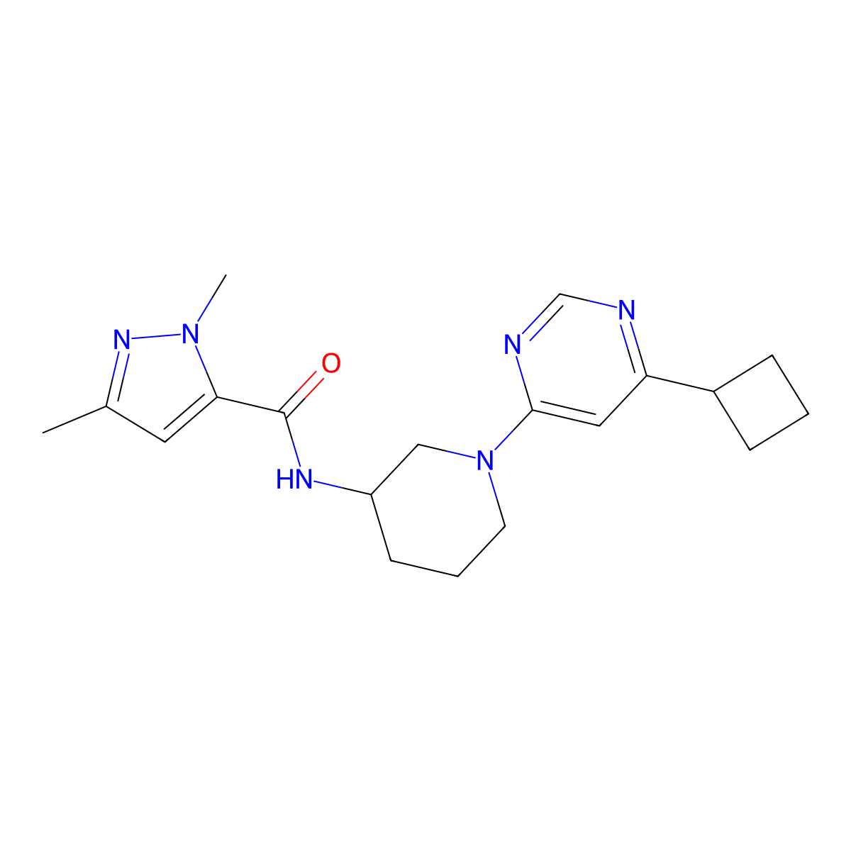 N-[1-(6-cyclobutylpyrimidin-4-yl)piperidin-3-yl]-1,3-dimethyl-1H-pyrazole-5-carboxamide molecular structure, CAS 3054599-09-3