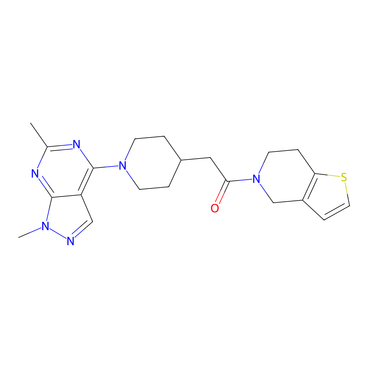 2-(1-{1,6-dimethyl-1H-pyrazolo[3,4-d]pyrimidin-4-yl}piperidin-4-yl)-1-{4H,5H,6H,7H-thieno[3,2-c]pyridin-5-yl}ethan-1-one molecular structure, CAS 3054599-13-9