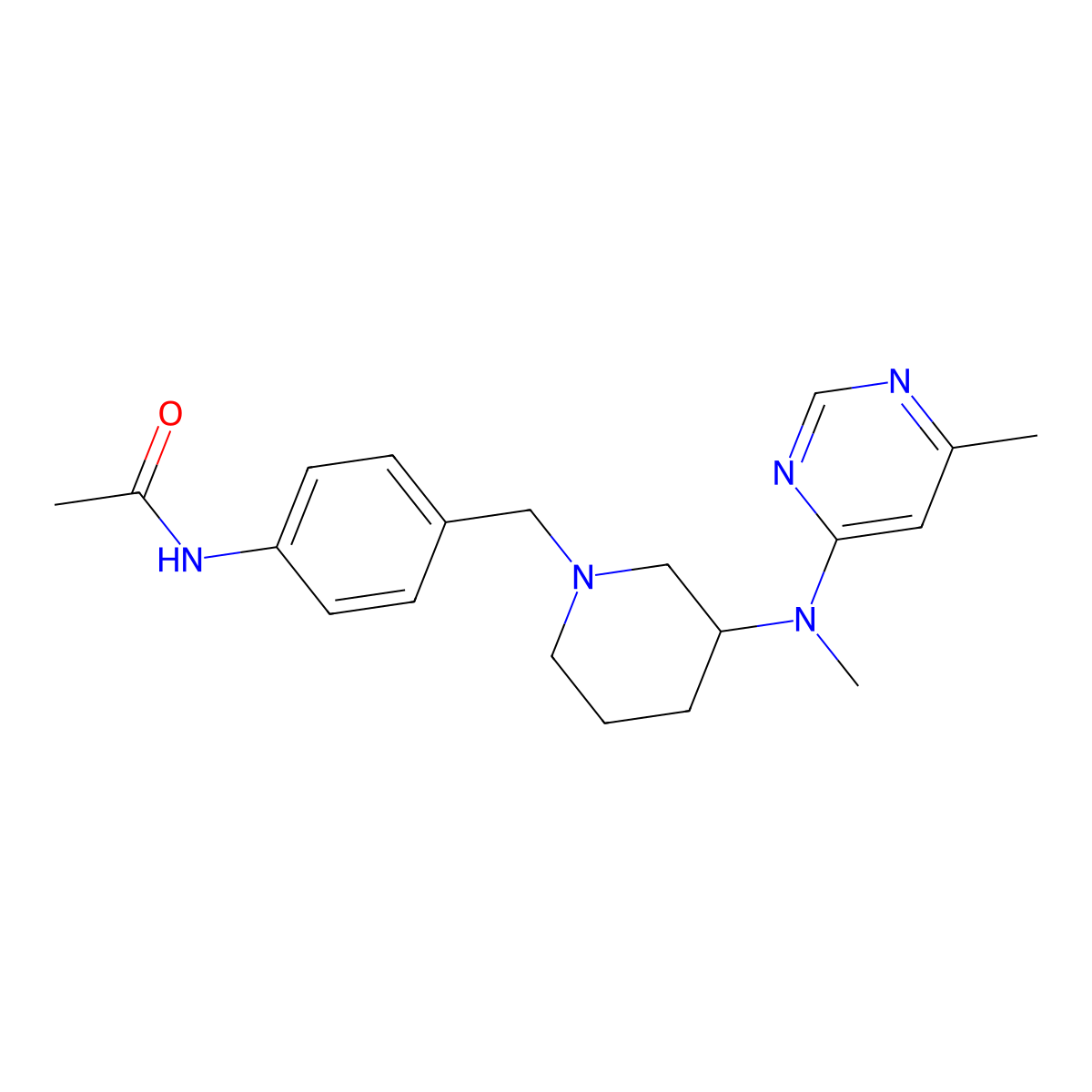 N-[4-({3-[methyl(6-methylpyrimidin-4-yl)amino]piperidin-1-yl}methyl)phenyl]acetamide molecular structure, CAS 3054599-14-0