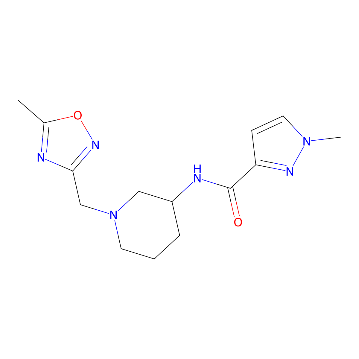 1-methyl-N-{1-[(5-methyl-1,2,4-oxadiazol-3-yl)methyl]piperidin-3-yl}-1H-pyrazole-3-carboxamide molecular structure, CAS 3054599-15-1