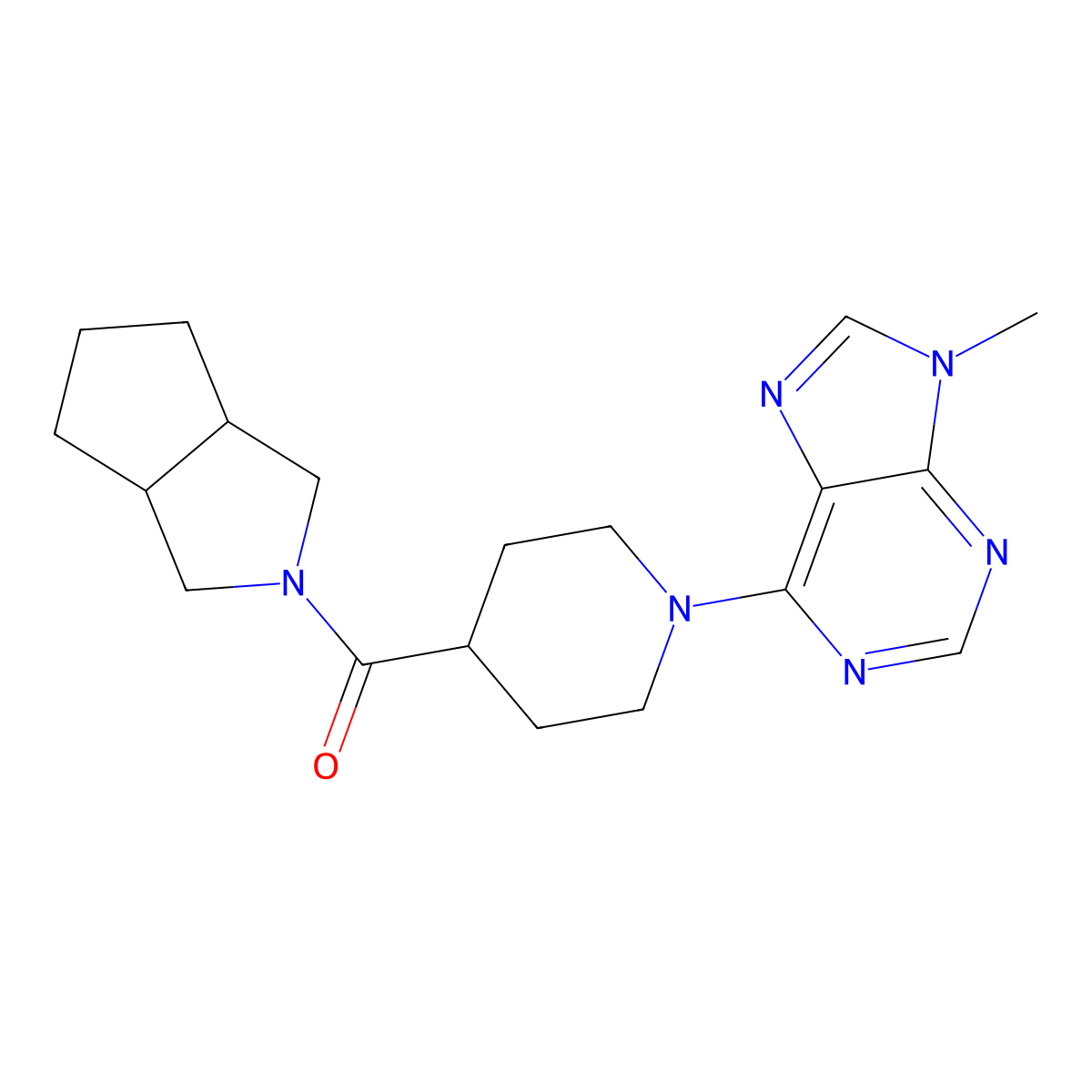 9-methyl-6-(4-{octahydrocyclopenta[c]pyrrole-2-carbonyl}piperidin-1-yl)-9H-purine molecular structure, CAS 3054599-16-2