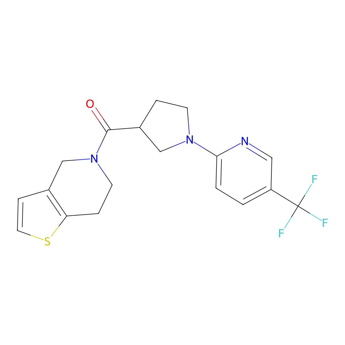 2-(3-{4H,5H,6H,7H-thieno[3,2-c]pyridine-5-carbonyl}pyrrolidin-1-yl)-5-(trifluoromethyl)pyridine molecular structure, CAS 3054599-24-2