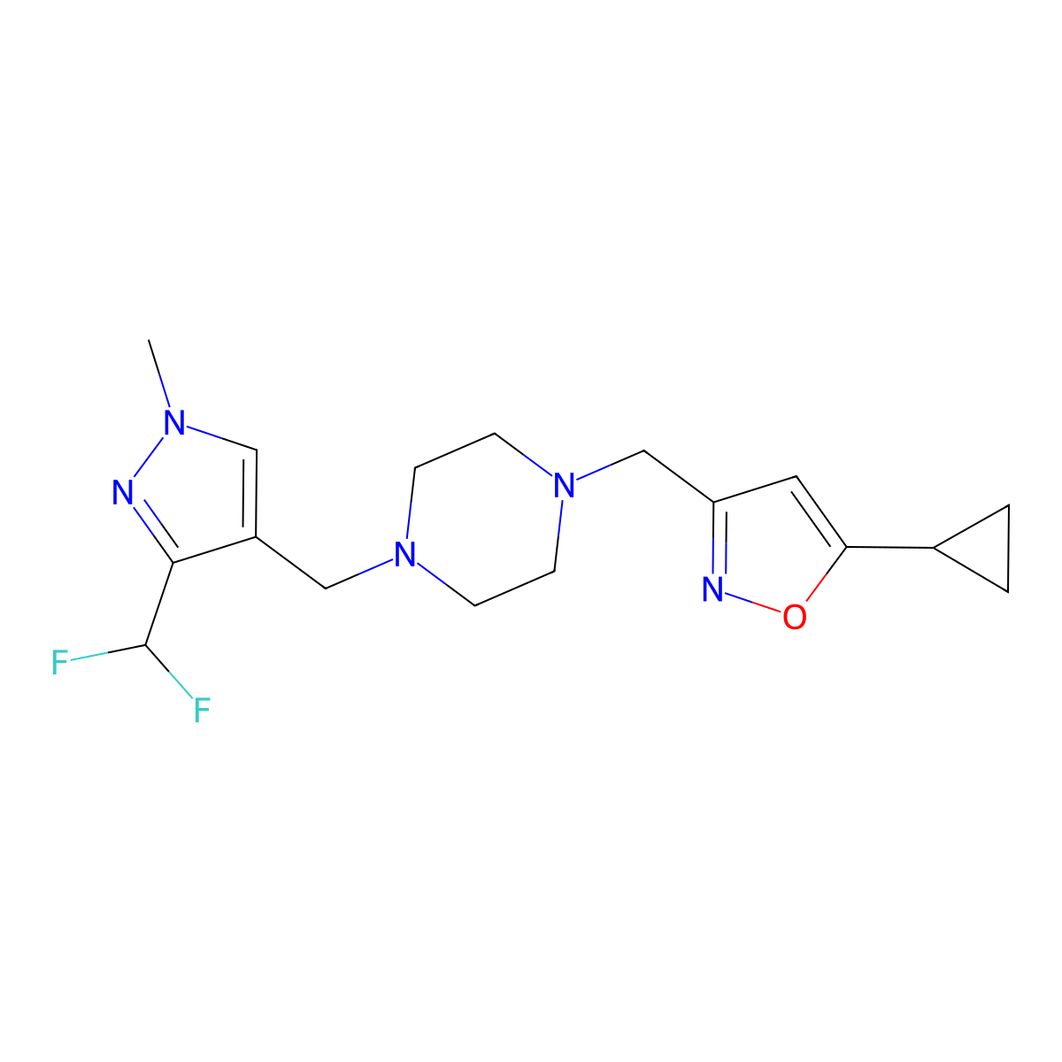 1-[(5-cyclopropyl-1,2-oxazol-3-yl)methyl]-4-{[3-(difluoromethyl)-1-methyl-1H-pyrazol-4-yl]methyl}piperazine molecular structure, CAS 3054599-26-4