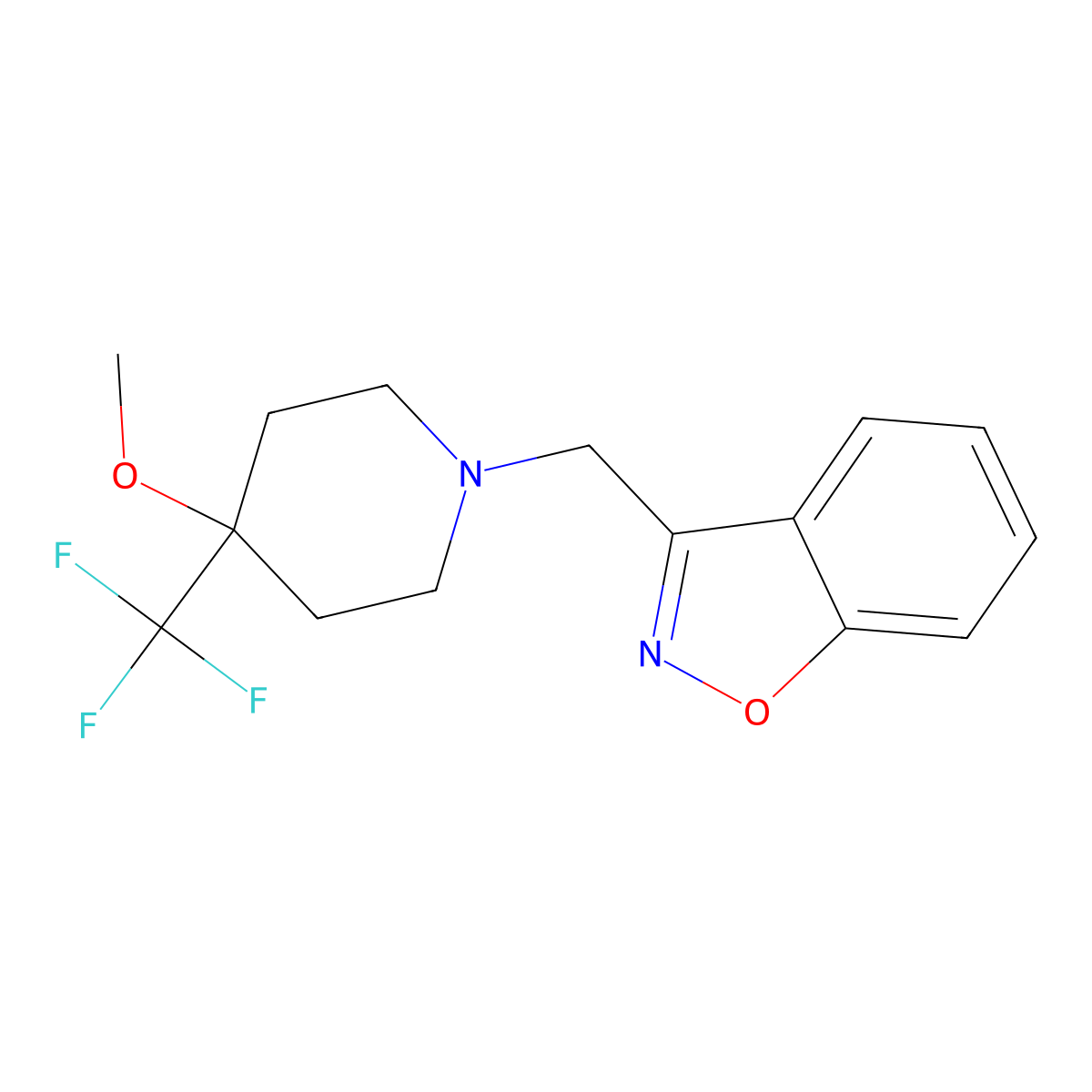3-{[4-Methoxy-4-(trifluoromethyl)piperidin-1-yl]methyl}-1,2-benzoxazole molecular structure, CAS 3054599-30-0