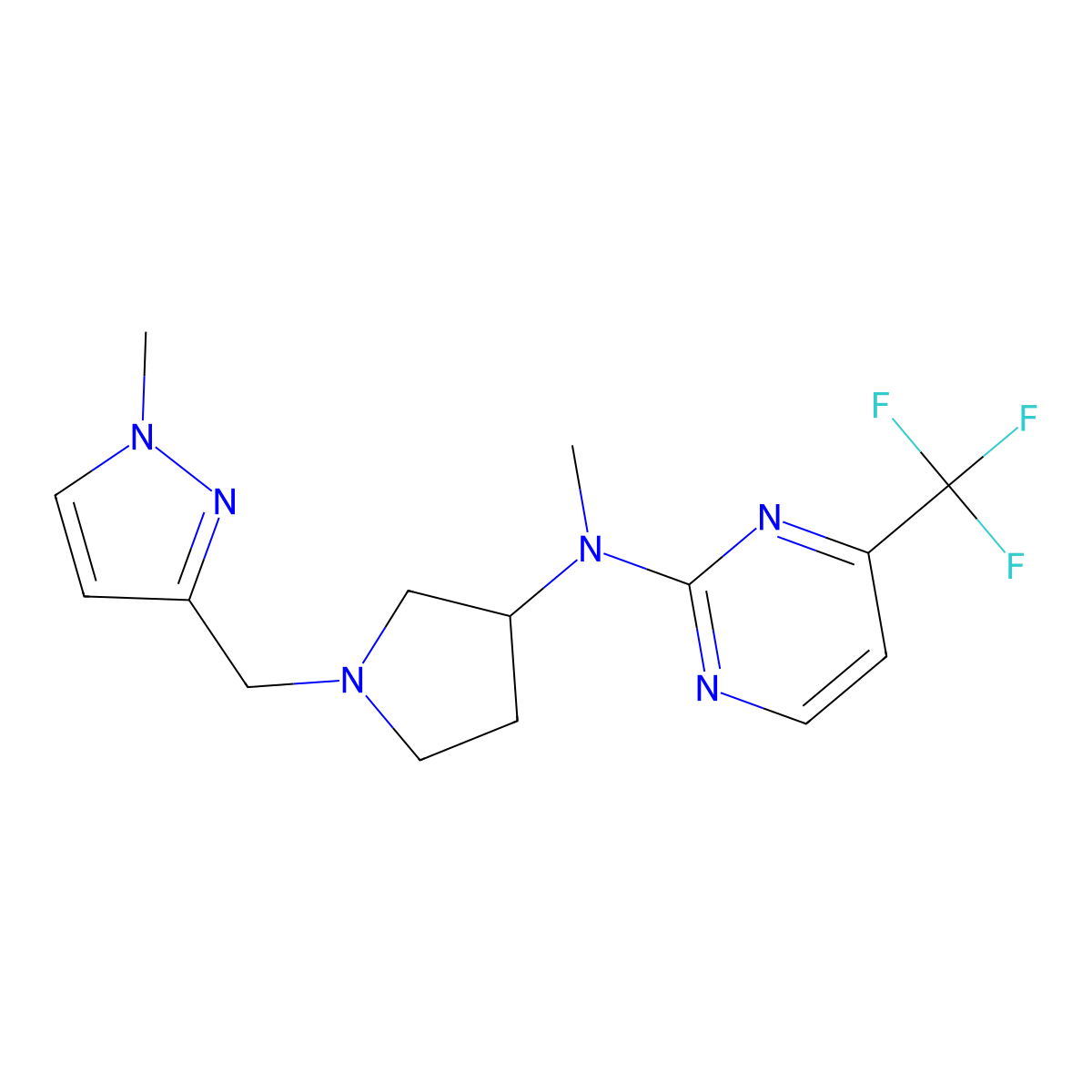 N-methyl-N-{1-[(1-methyl-1H-pyrazol-3-yl)methyl]pyrrolidin-3-yl}-4-(trifluoromethyl)pyrimidin-2-amine molecular structure, CAS 3054599-32-2