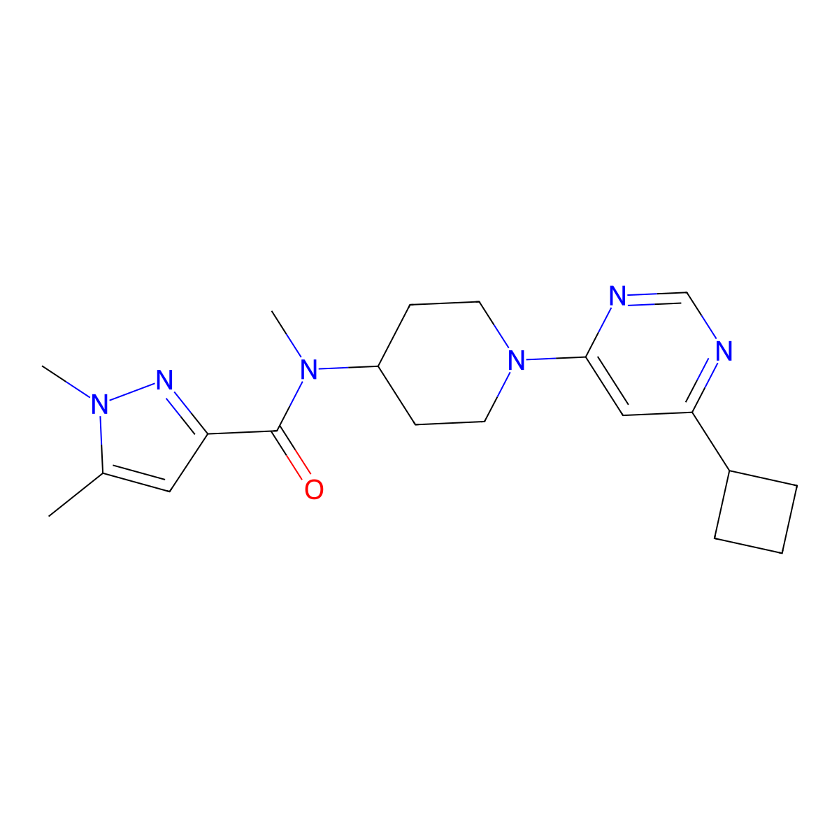 N-[1-(6-cyclobutylpyrimidin-4-yl)piperidin-4-yl]-N,1,5-trimethyl-1H-pyrazole-3-carboxamide molecular structure, CAS 3054599-36-6