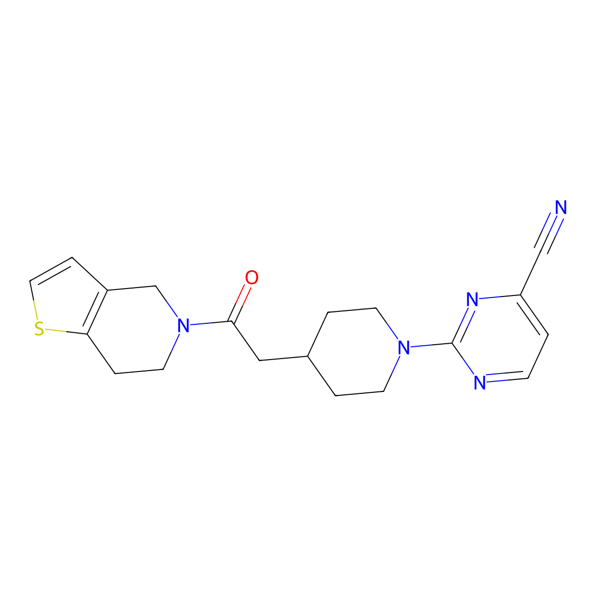 2-[4-(2-oxo-2-{4H,5H,6H,7H-thieno[3,2-c]pyridin-5-yl}ethyl)piperidin-1-yl]pyrimidine-4-carbonitrile molecular structure, CAS 3054599-43-5