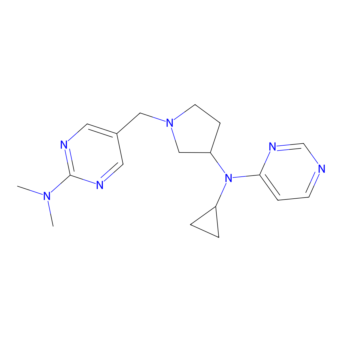 5-({3-[cyclopropyl(pyrimidin-4-yl)amino]pyrrolidin-1-yl}methyl)-N,N-dimethylpyrimidin-2-amine molecular structure, CAS 3054599-46-8
