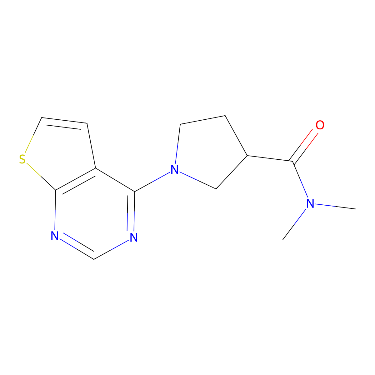 N,N-dimethyl-1-{thieno[2,3-d]pyrimidin-4-yl}pyrrolidine-3-carboxamide molecular structure, CAS 3054599-49-1