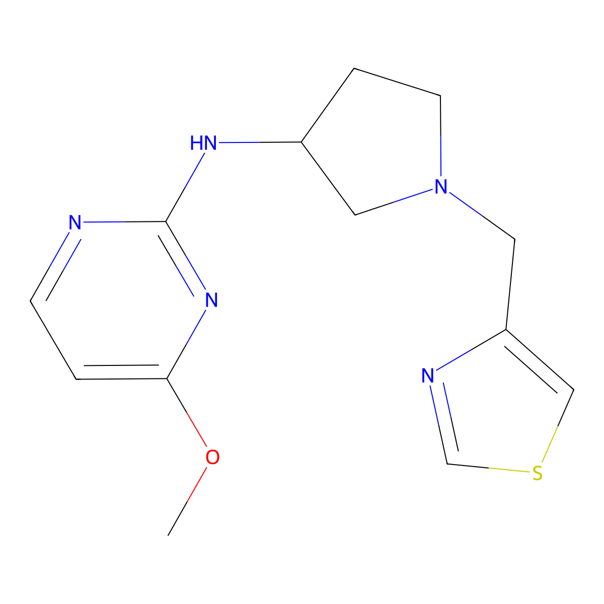 4-methoxy-N-{1-[(1,3-thiazol-4-yl)methyl]pyrrolidin-3-yl}pyrimidin-2-amine molecular structure, CAS 3054599-58-2