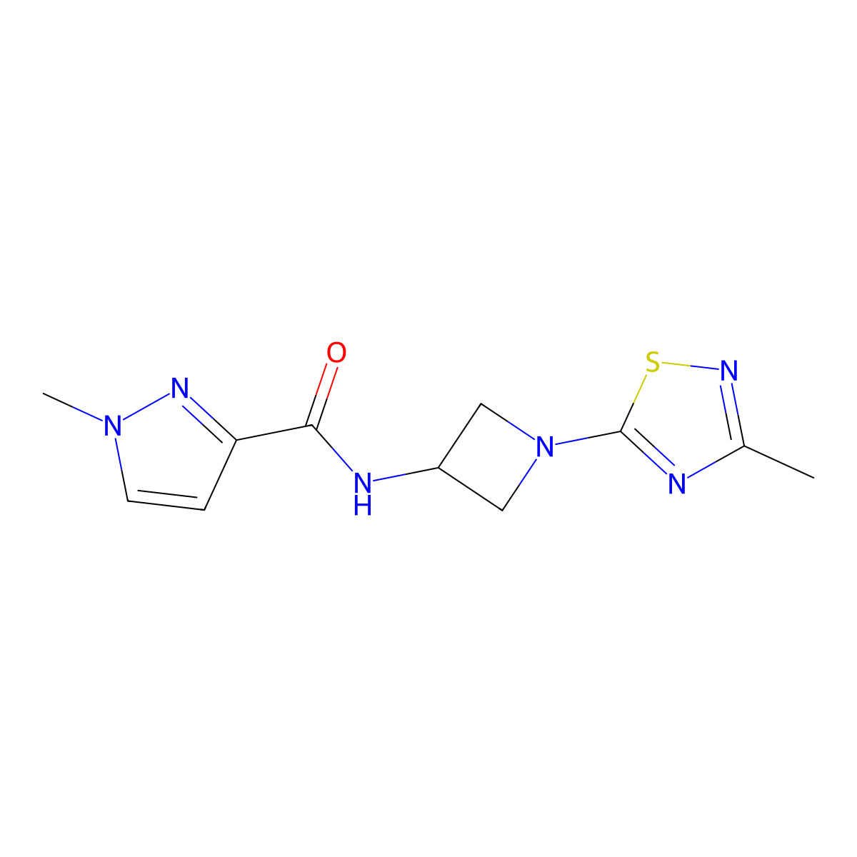 1-methyl-N-[1-(3-methyl-1,2,4-thiadiazol-5-yl)azetidin-3-yl]-1H-pyrazole-3-carboxamide molecular structure, CAS 3054599-66-2