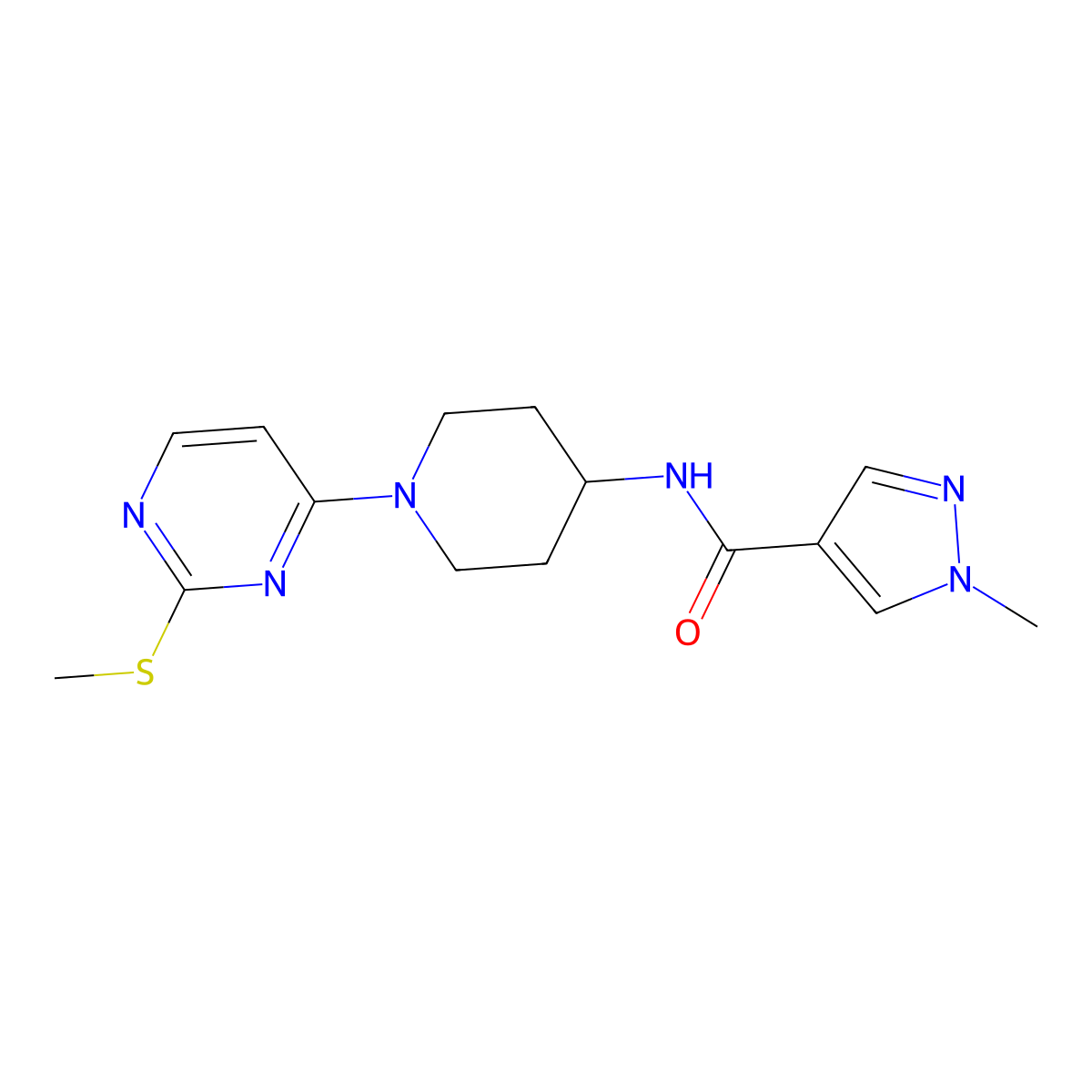 1-methyl-N-{1-[2-(methylsulfanyl)pyrimidin-4-yl]piperidin-4-yl}-1H-pyrazole-4-carboxamide molecular structure, CAS 3054599-74-2