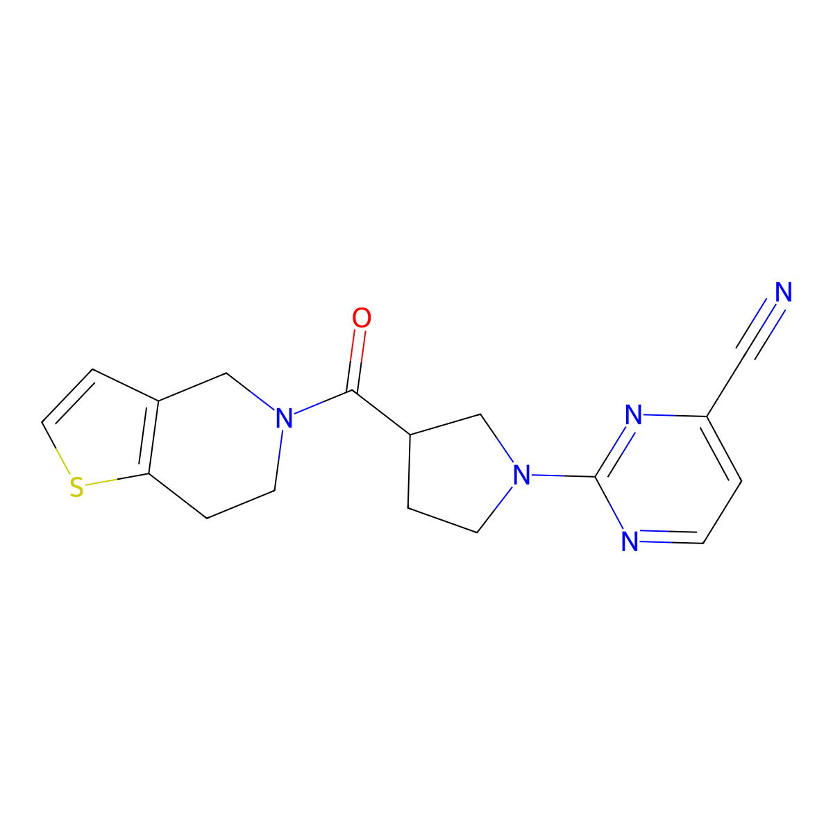 2-(3-{4H,5H,6H,7H-thieno[3,2-c]pyridine-5-carbonyl}pyrrolidin-1-yl)pyrimidine-4-carbonitrile molecular structure, CAS 3054599-77-5