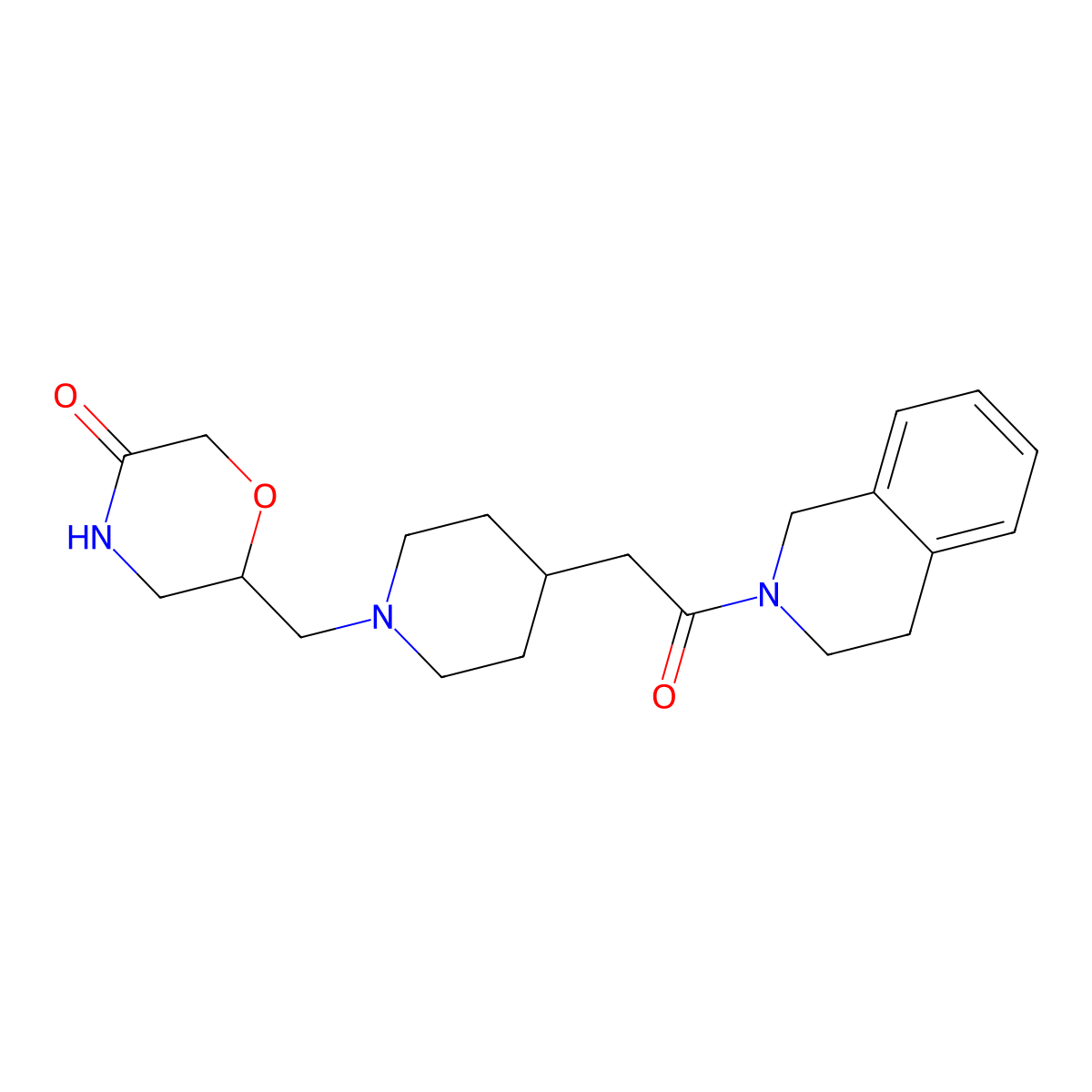 6-({4-[2-Oxo-2-(1,2,3,4-tetrahydroisoquinolin-2-yl)ethyl]piperidin-1-yl}methyl)morpholin-3-one molecular structure, CAS 3054599-90-2