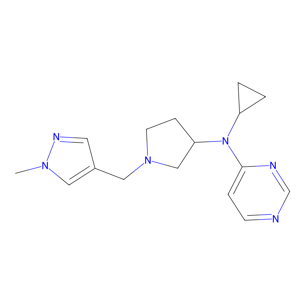 N-cyclopropyl-N-{1-[(1-methyl-1H-pyrazol-4-yl)methyl]pyrrolidin-3-yl}pyrimidin-4-amine molecular structure, CAS 3054599-96-8
