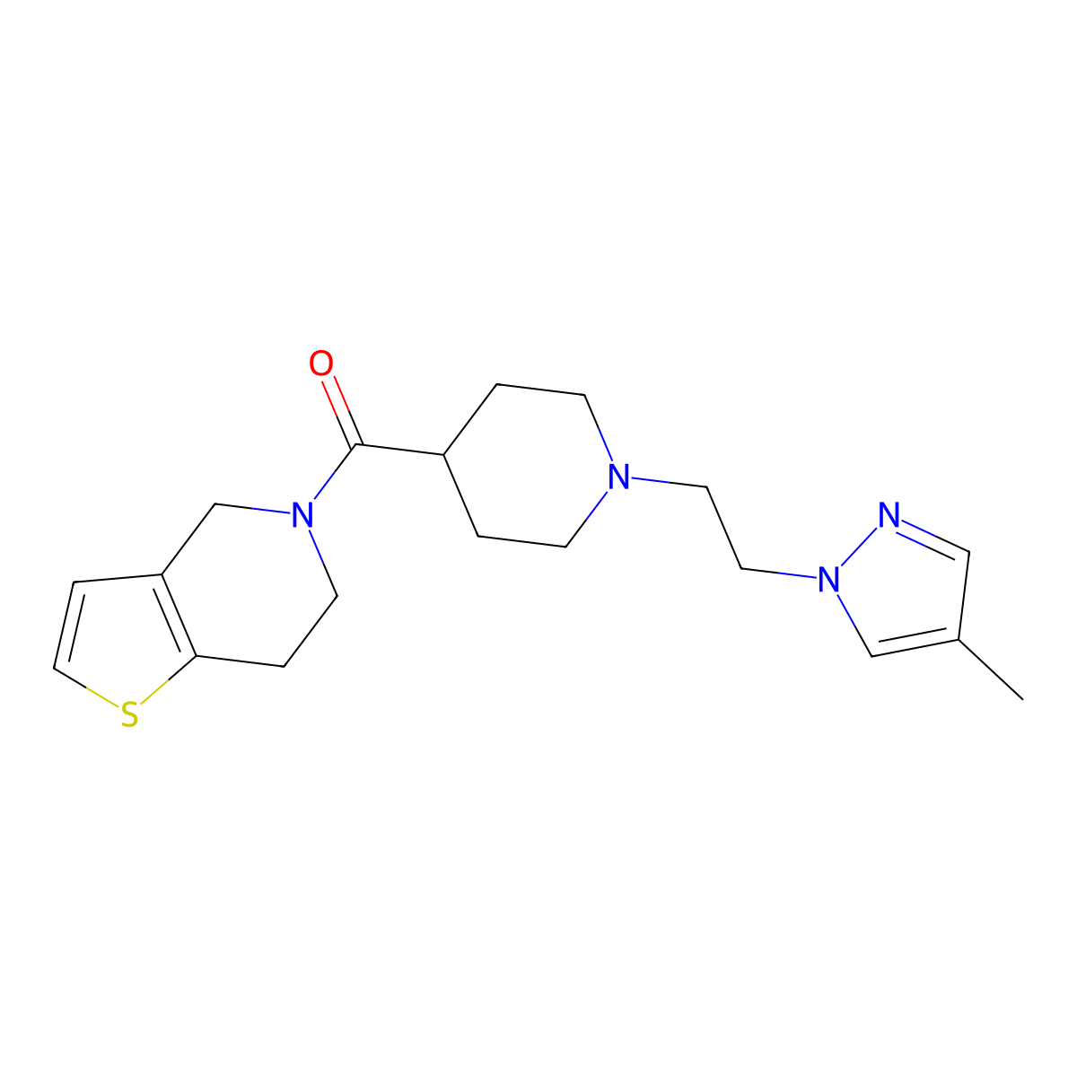 1-[2-(4-methyl-1H-pyrazol-1-yl)ethyl]-4-{4H,5H,6H,7H-thieno[3,2-c]pyridine-5-carbonyl}piperidine molecular structure, CAS 3054600-00-6