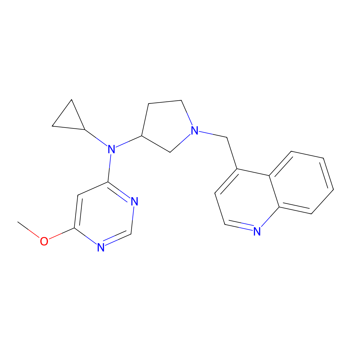 N-cyclopropyl-6-methoxy-N-{1-[(quinolin-4-yl)methyl]pyrrolidin-3-yl}pyrimidin-4-amine molecular structure, CAS 3054600-06-2