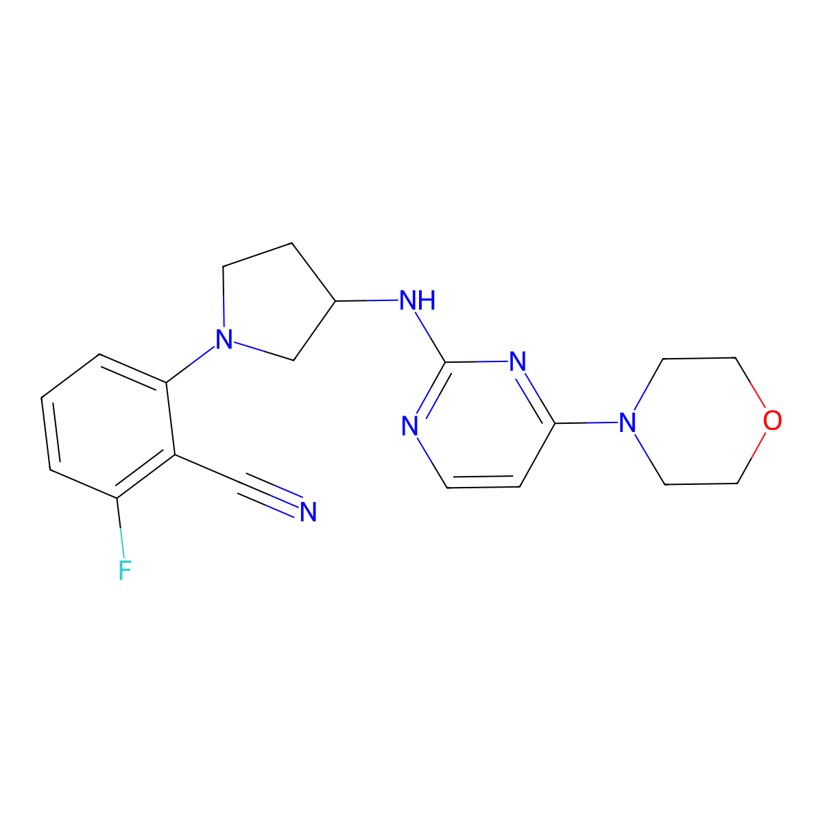 2-Fluoro-6-[3-[(4-morpholin-4-ylpyrimidin-2-yl)amino]pyrrolidin-1-yl]benzonitrile molecular structure, CAS 3054600-08-4