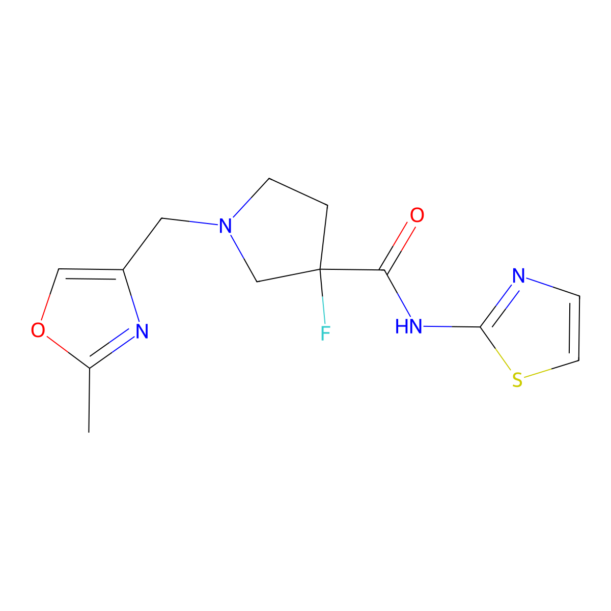 3-fluoro-1-[(2-methyl-1,3-oxazol-4-yl)methyl]-N-(1,3-thiazol-2-yl)pyrrolidine-3-carboxamide molecular structure, CAS 3054600-12-0