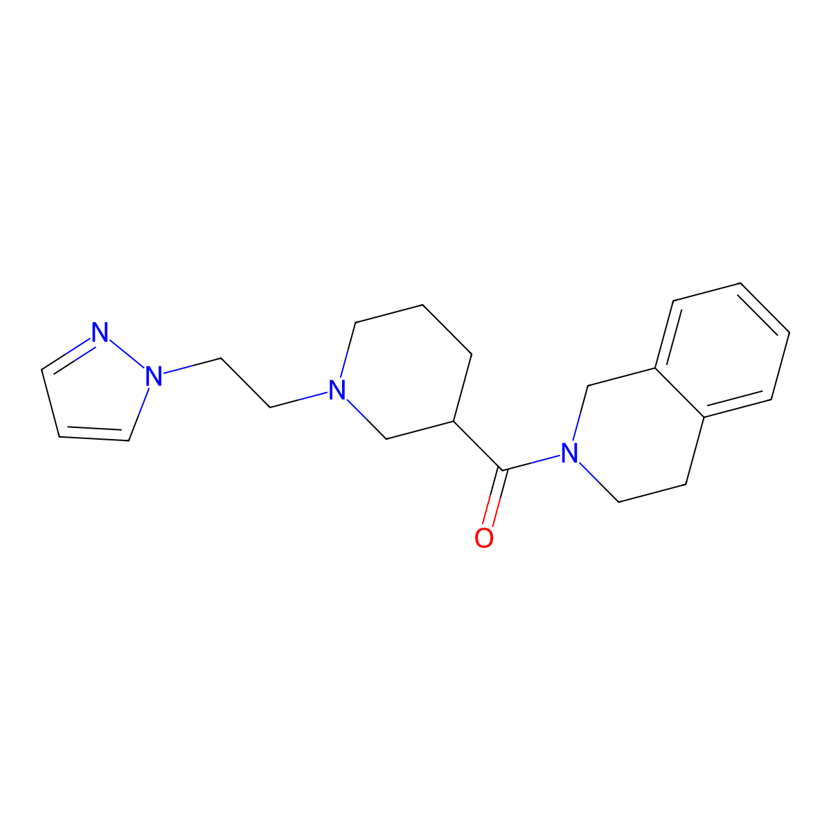 2-{1-[2-(1H-pyrazol-1-yl)ethyl]piperidine-3-carbonyl}-1,2,3,4-tetrahydroisoquinoline molecular structure, CAS 3054600-18-6