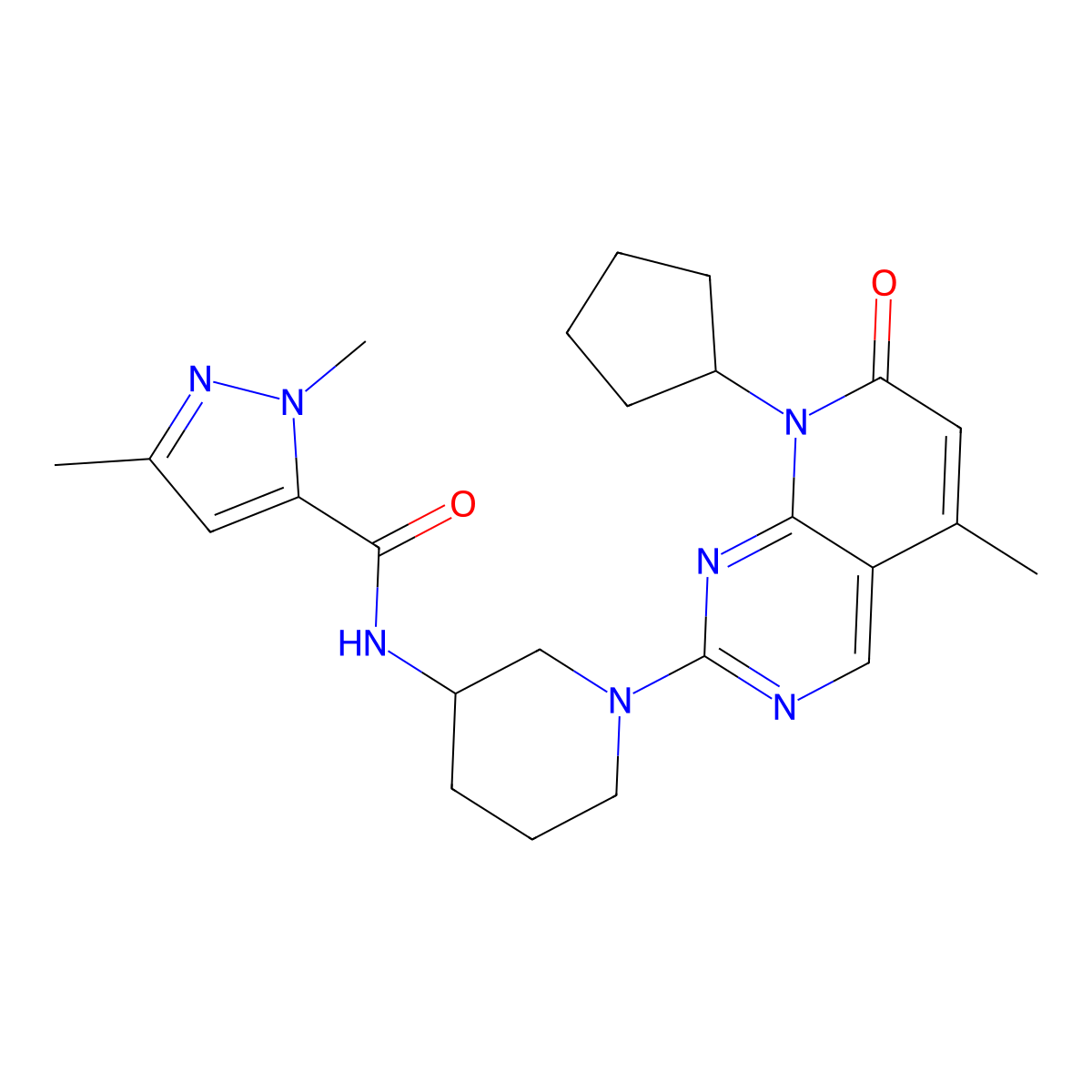 N-(1-{8-cyclopentyl-5-methyl-7-oxo-7H,8H-pyrido[2,3-d]pyrimidin-2-yl}piperidin-3-yl)-1,3-dimethyl-1H-pyrazole-5-carboxamide molecular structure, CAS 3054600-37-9