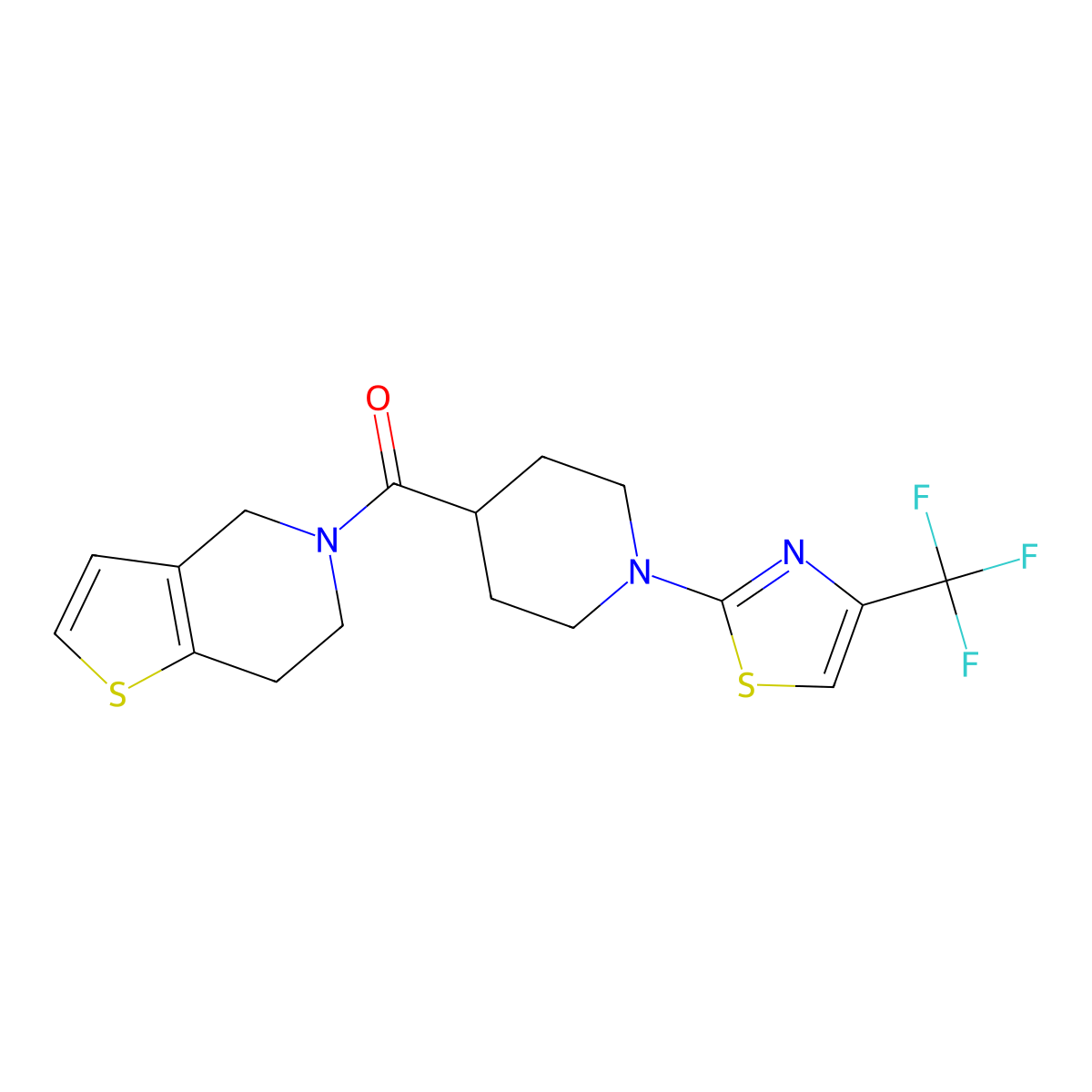 4-{4H,5H,6H,7H-thieno[3,2-c]pyridine-5-carbonyl}-1-[4-(trifluoromethyl)-1,3-thiazol-2-yl]piperidine molecular structure, CAS 3054600-38-0