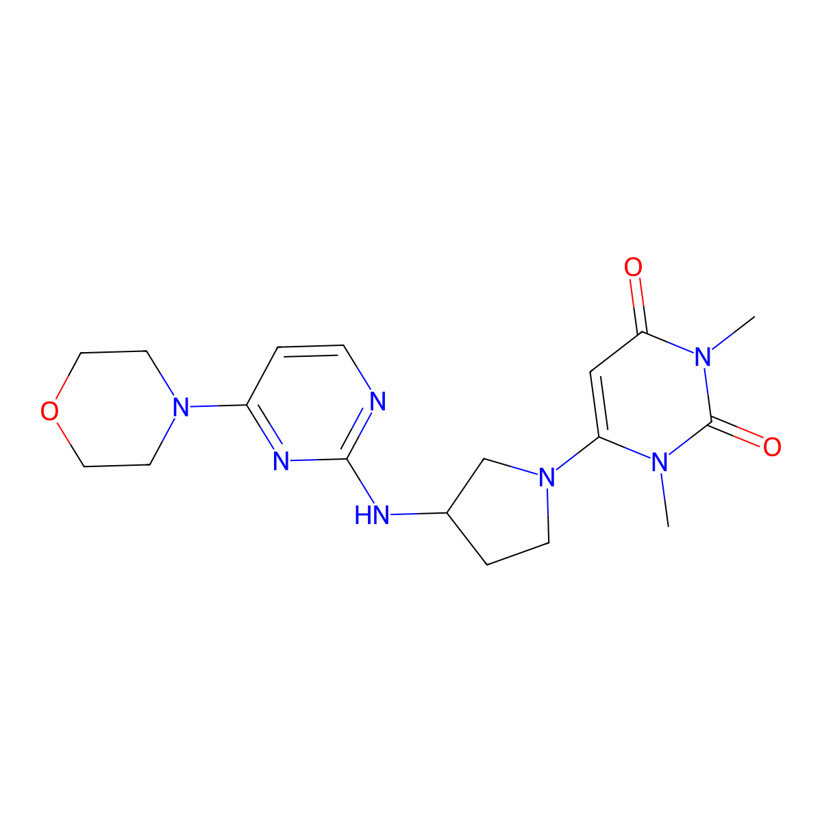 1,3-Dimethyl-6-(3-{[4-(morpholin-4-yl)pyrimidin-2-yl]amino}pyrrolidin-1-yl)-1,2,3,4-tetrahydropyrimidine-2,4-dione molecular structure, CAS 3054600-45-9