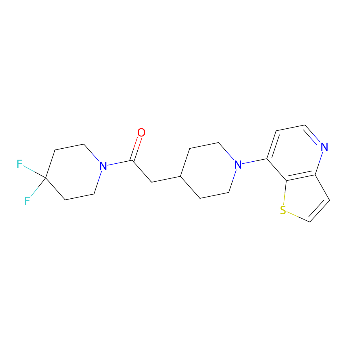 1-(4,4-Difluoropiperidin-1-yl)-2-(1-{thieno[3,2-b]pyridin-7-yl}piperidin-4-yl)ethan-1-one molecular structure, CAS 3054600-58-4