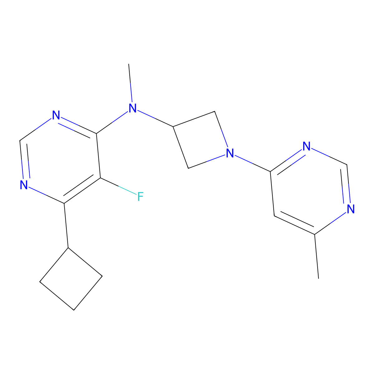 6-cyclobutyl-5-fluoro-N-methyl-N-[1-(6-methylpyrimidin-4-yl)azetidin-3-yl]pyrimidin-4-amine molecular structure, CAS 3054600-64-2