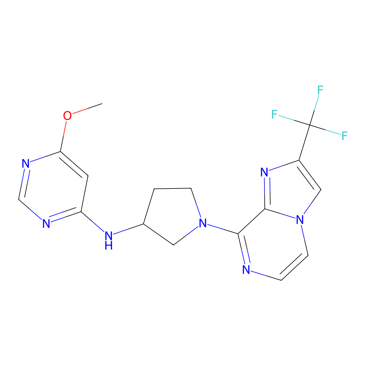 6-methoxy-N-{1-[2-(trifluoromethyl)imidazo[1,2-a]pyrazin-8-yl]pyrrolidin-3-yl}pyrimidin-4-amine molecular structure, CAS 3054600-67-5