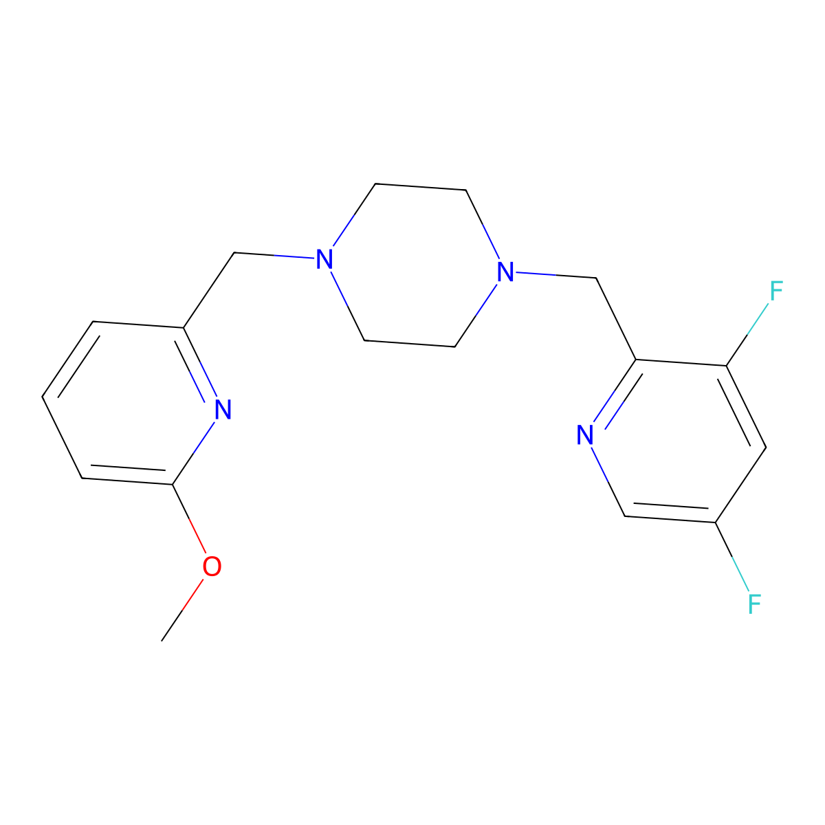 1-[(3,5-Difluoropyridin-2-yl)methyl]-4-[(6-methoxypyridin-2-yl)methyl]piperazine molecular structure, CAS 3054600-83-5