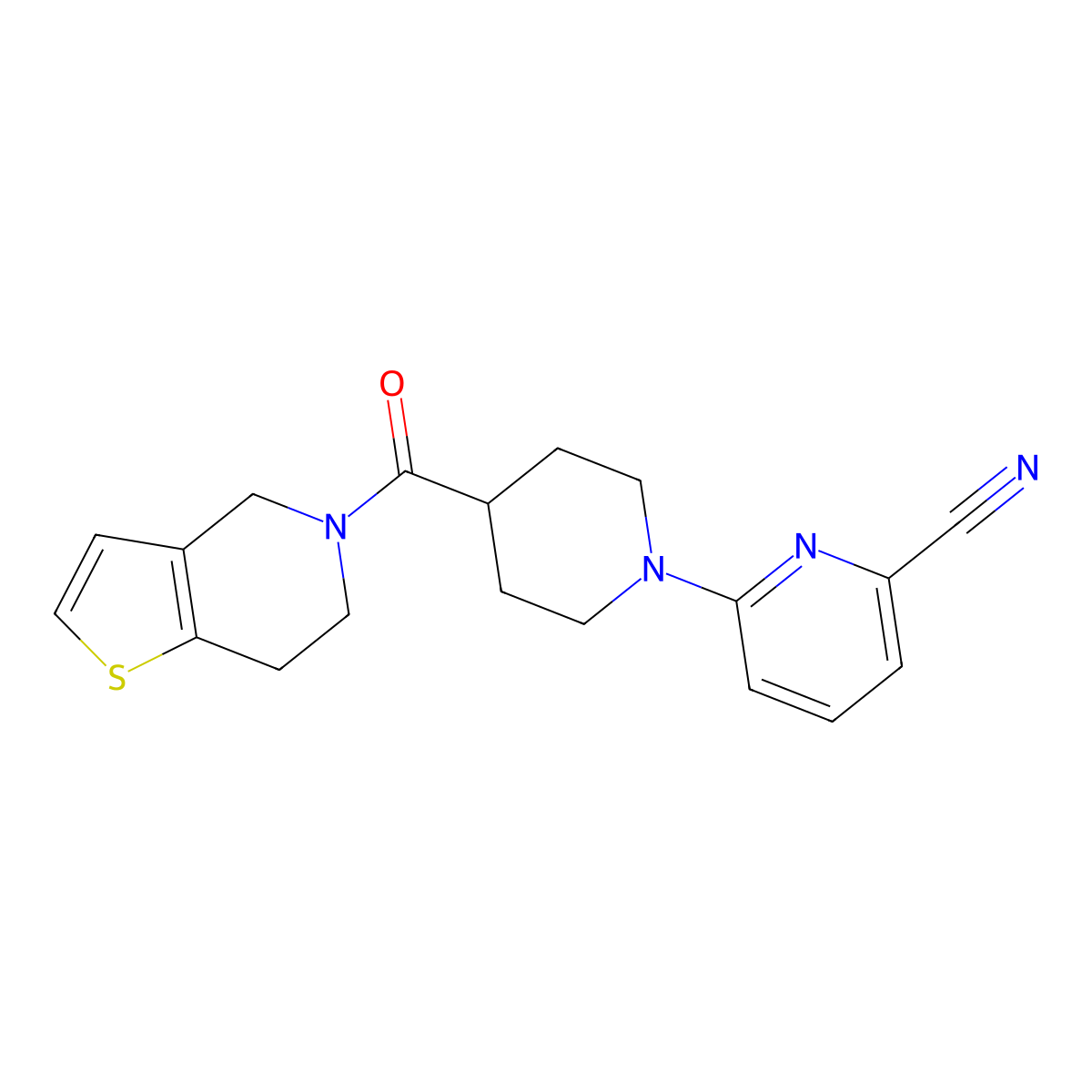 6-(4-{4H,5H,6H,7H-thieno[3,2-c]pyridine-5-carbonyl}piperidin-1-yl)pyridine-2-carbonitrile molecular structure, CAS 3054600-88-0